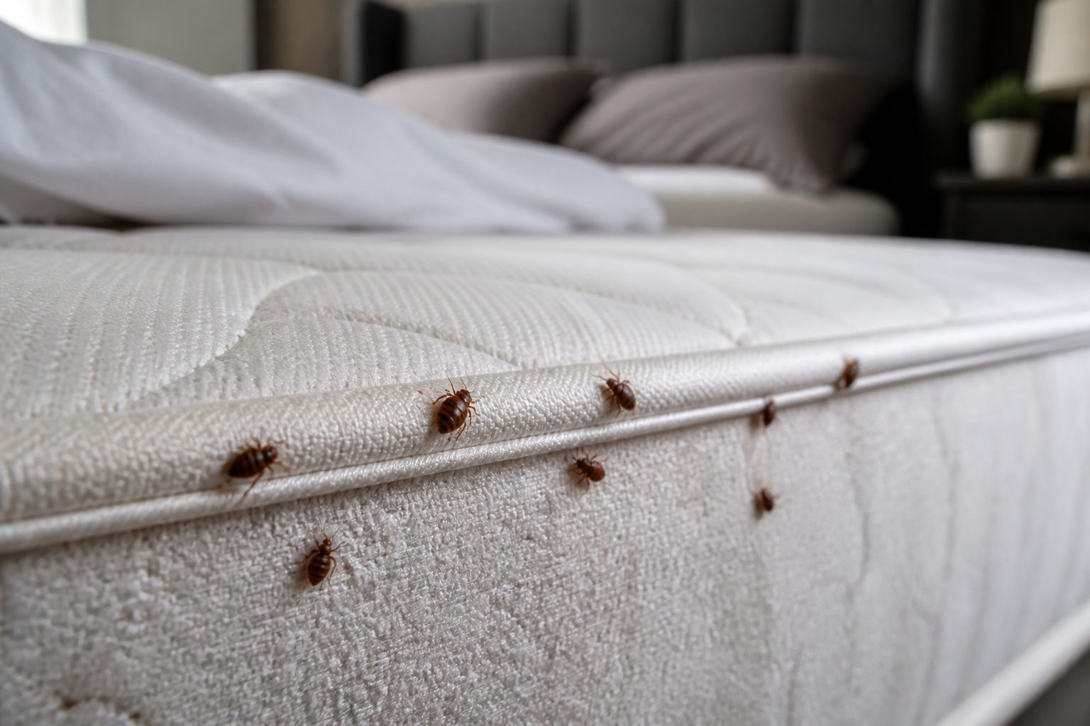 Close-up of a mattress with small bed bugs crawling on the fabric in a clean bedroom.