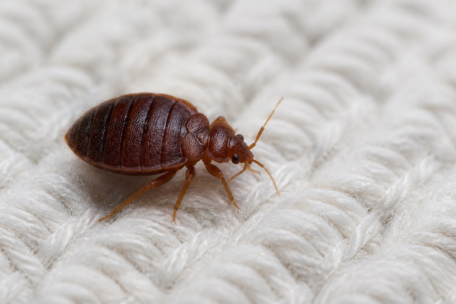 Close-up of a bed bug on a mattress fabric surface.