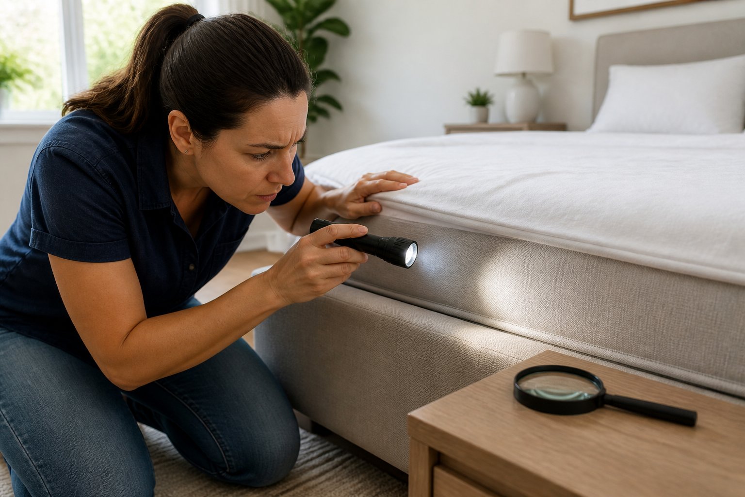 A woman inspecting a mattress closely with a flashlight in a bright bedroom.
