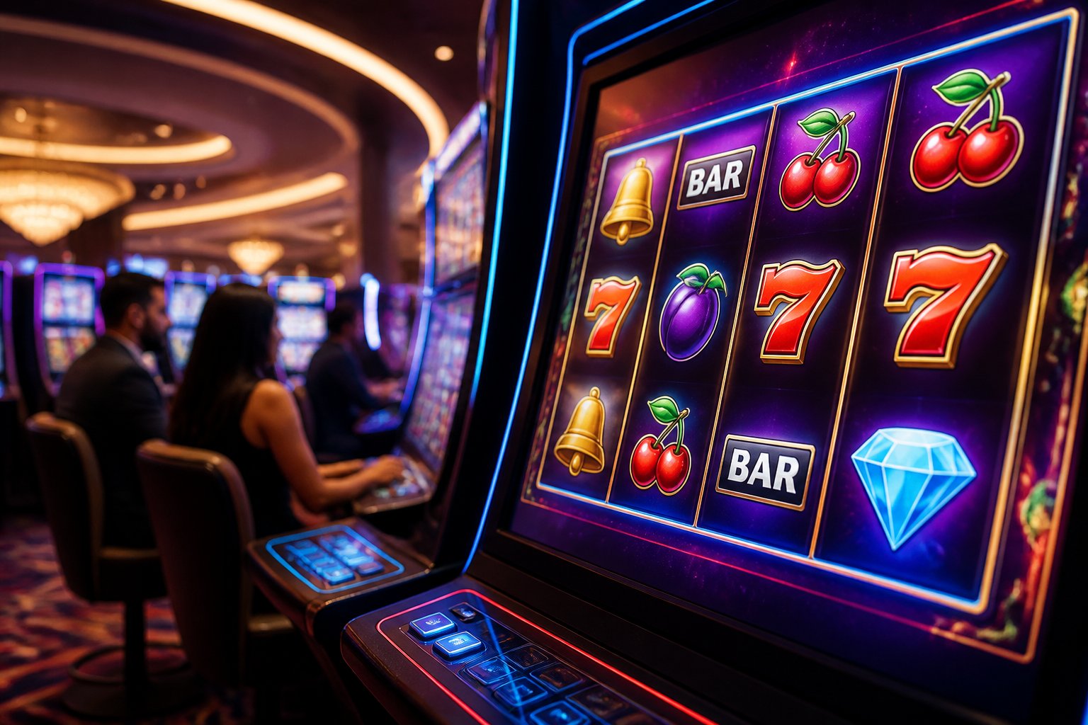 A modern slot machine with colorful reels in a well-lit casino environment with people in the background.