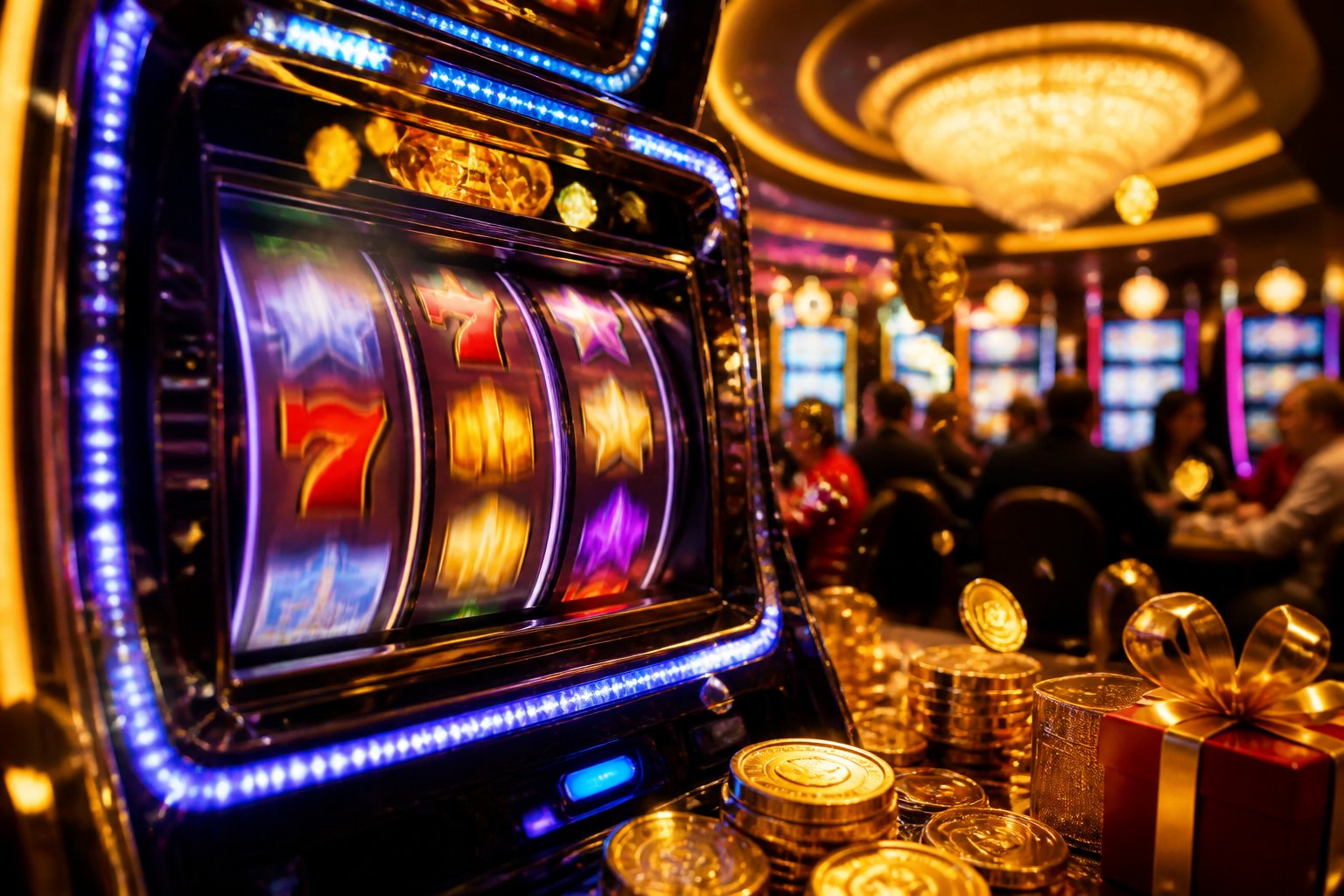 Close-up of a colorful slot machine with spinning reels and glowing coins, set in a lively casino environment with people and bright lights.