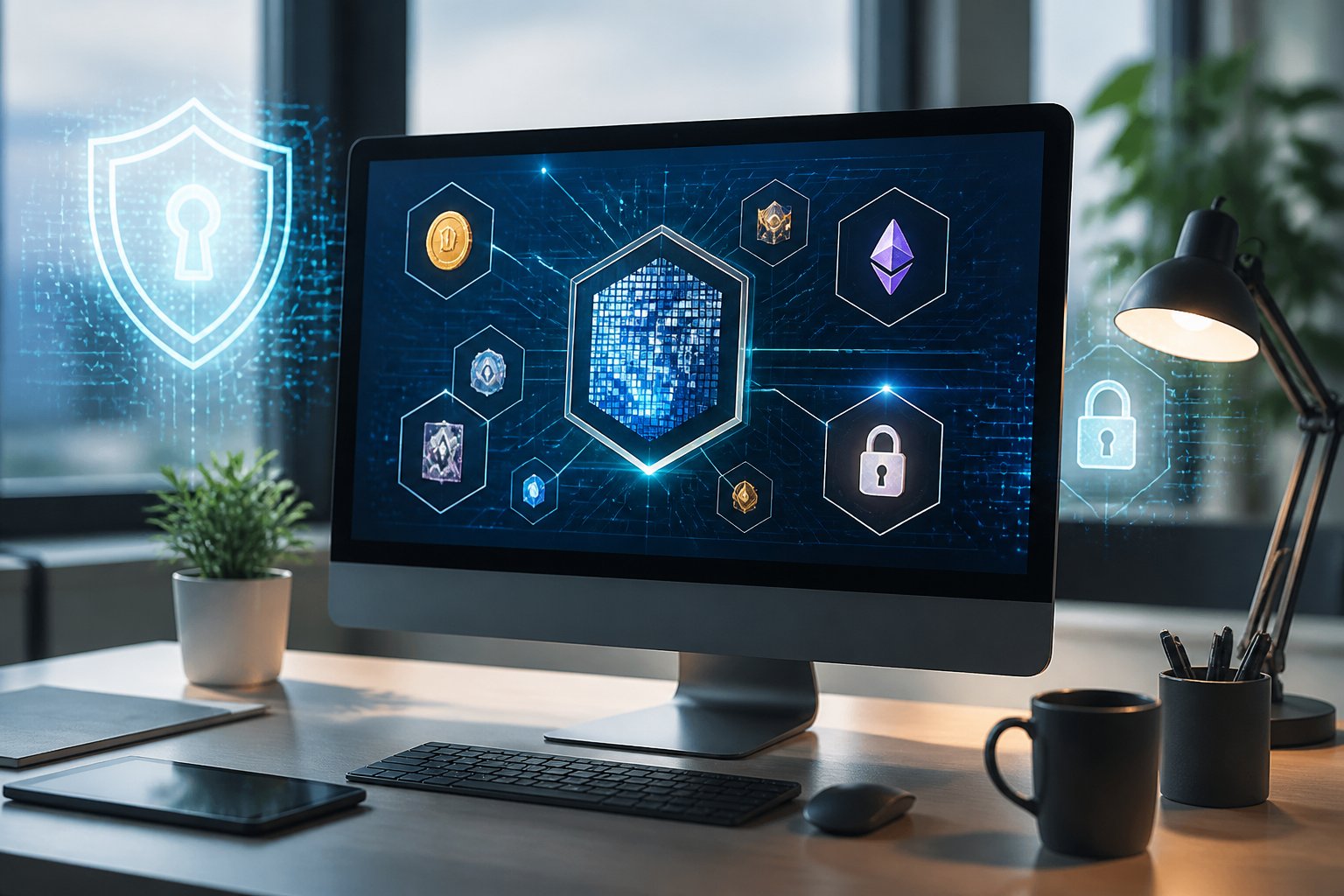 A modern workspace with a computer displaying digital blockchain graphics and security icons related to NFT technology.