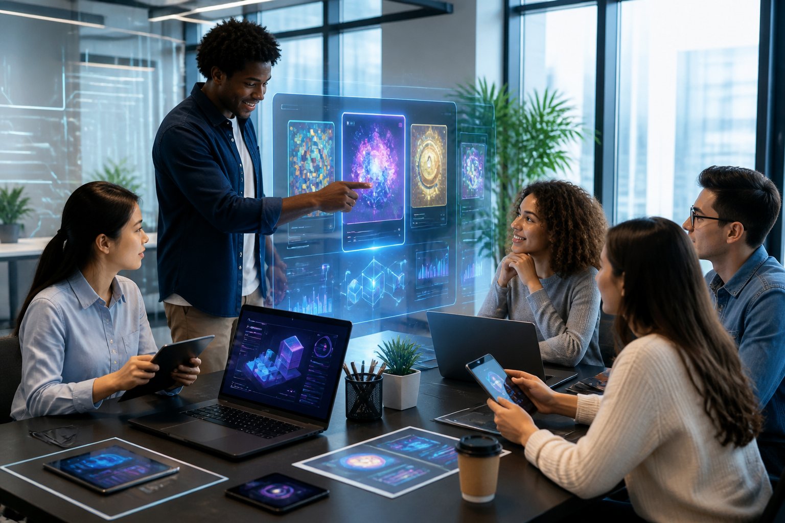 A group of diverse professionals collaborating around a table with digital devices showing futuristic interfaces and digital art, in a bright modern office setting.