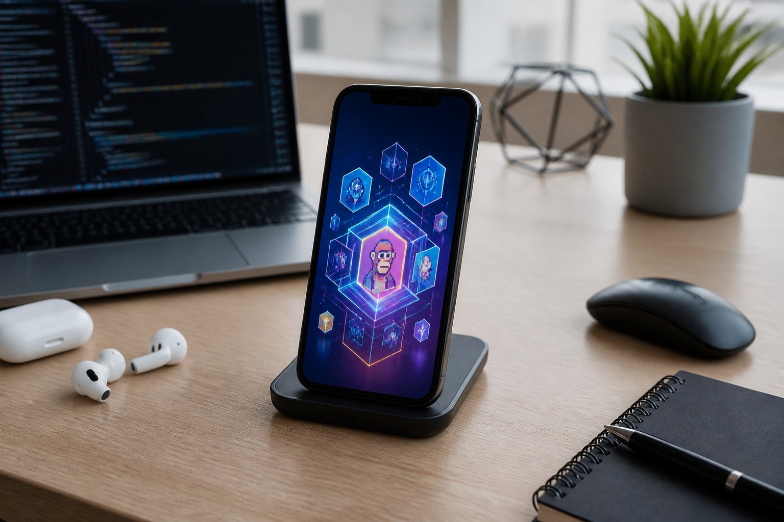 A smartphone with a futuristic digital interface on a desk alongside a laptop and wireless earbuds.