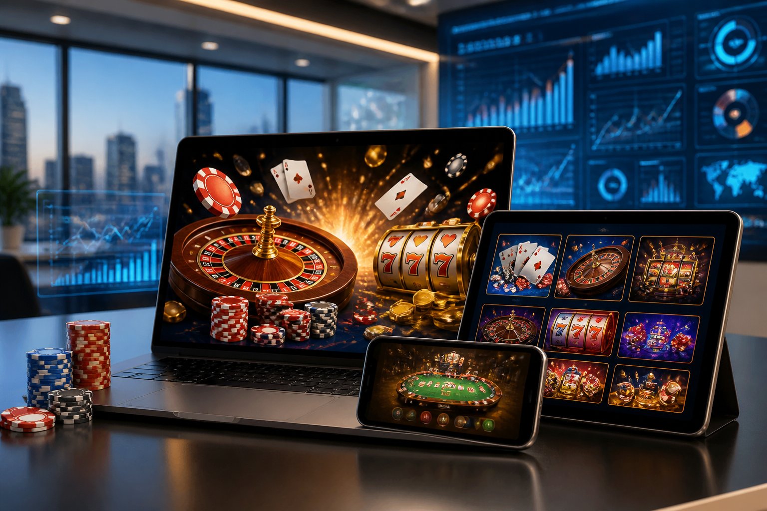 Multiple digital devices displaying colorful casino games and data charts in a modern office setting.