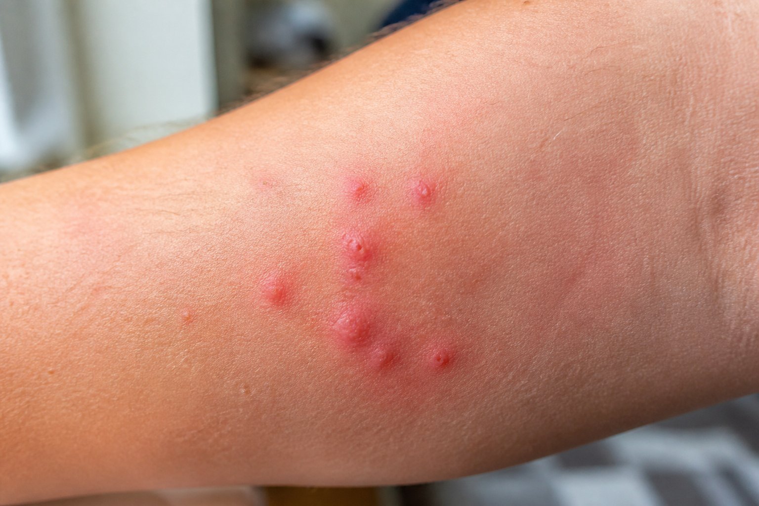 Close-up of a person's arm with several small red bed bug bites clustered on the skin.
