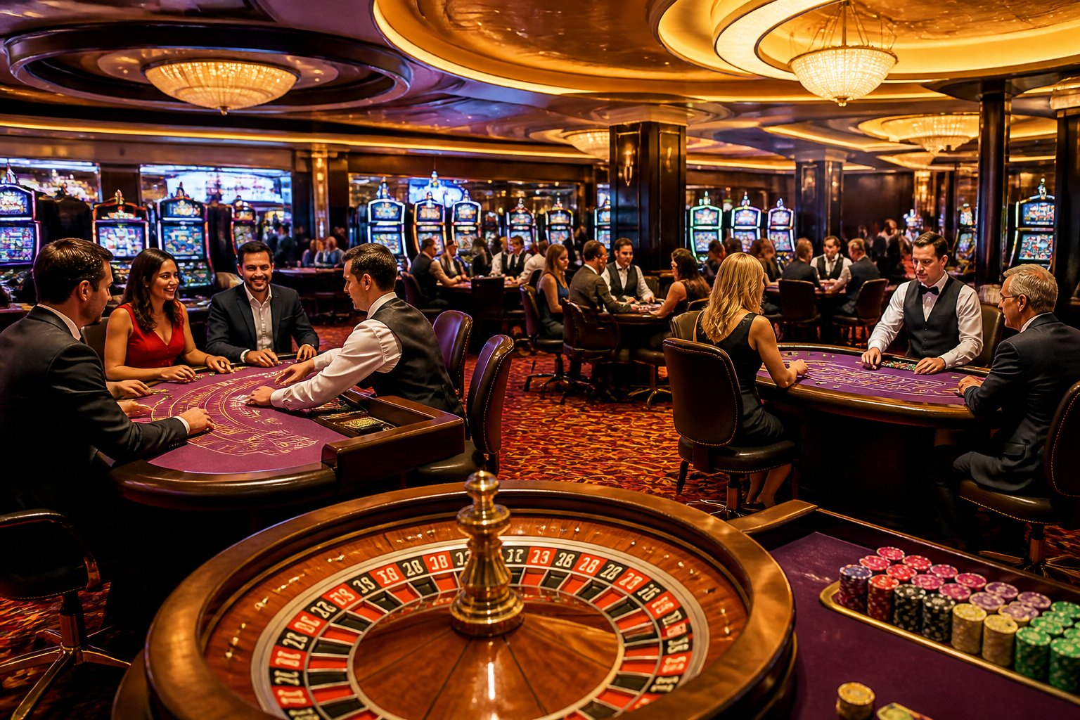 A casino floor showing various gaming tables and slot machines with players and dealers engaged in games.