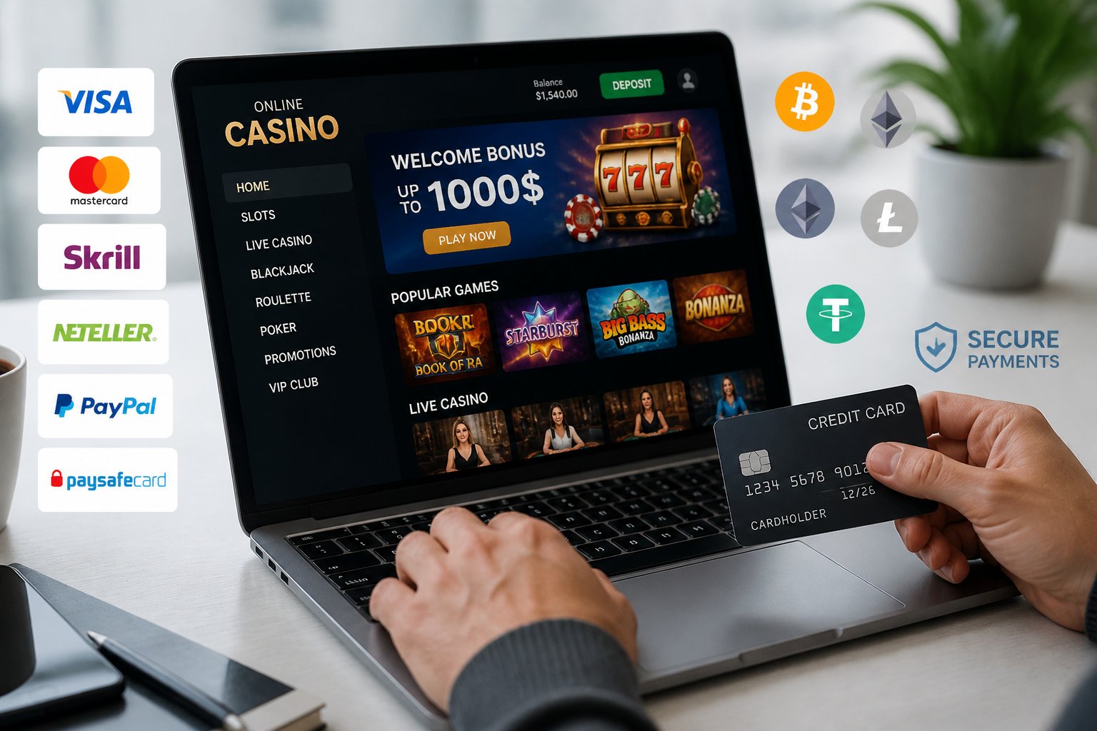 Hands using a laptop displaying an online casino interface with various payment method icons around it on a clean workspace.