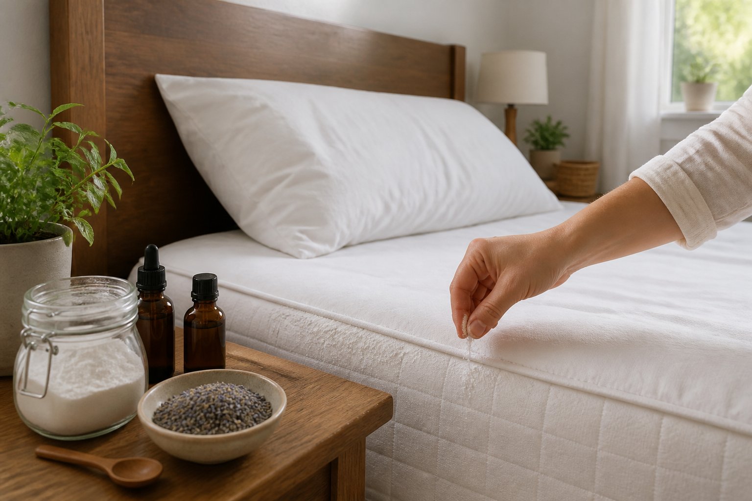 A bedroom scene showing a hand sprinkling powder on a mattress with natural remedy jars on a bedside table.