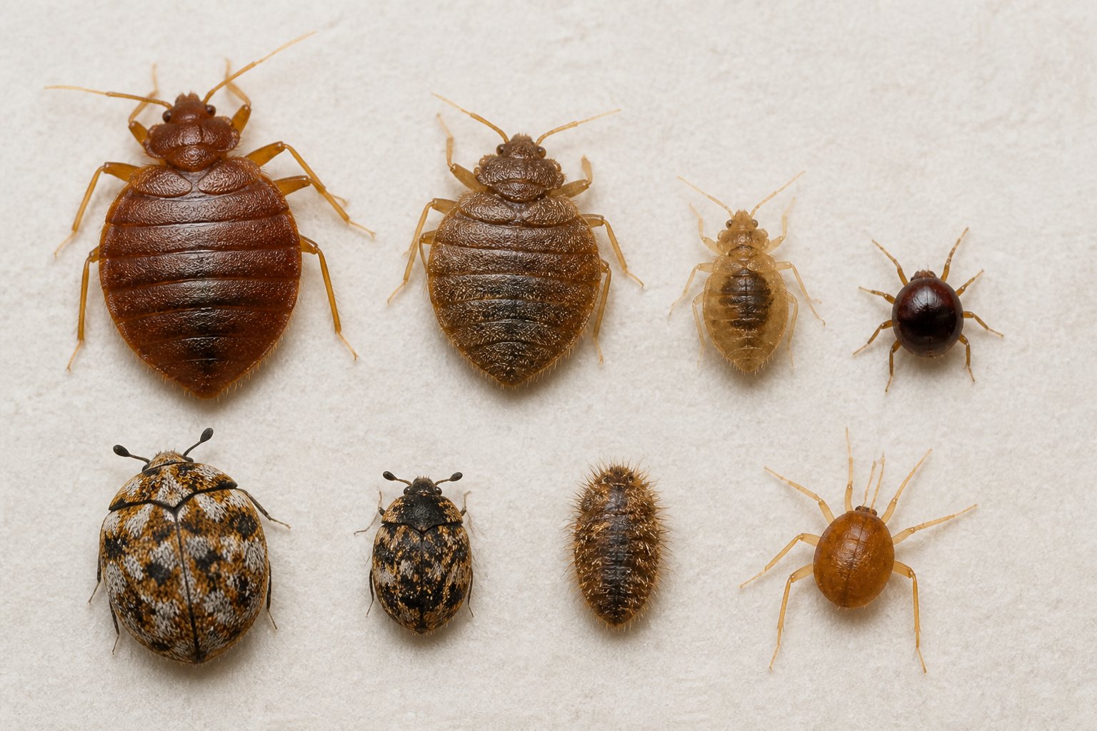 Close-up view of a bed bug next to similar pests like carpet beetles, bat bugs, and spider beetles on a plain background.