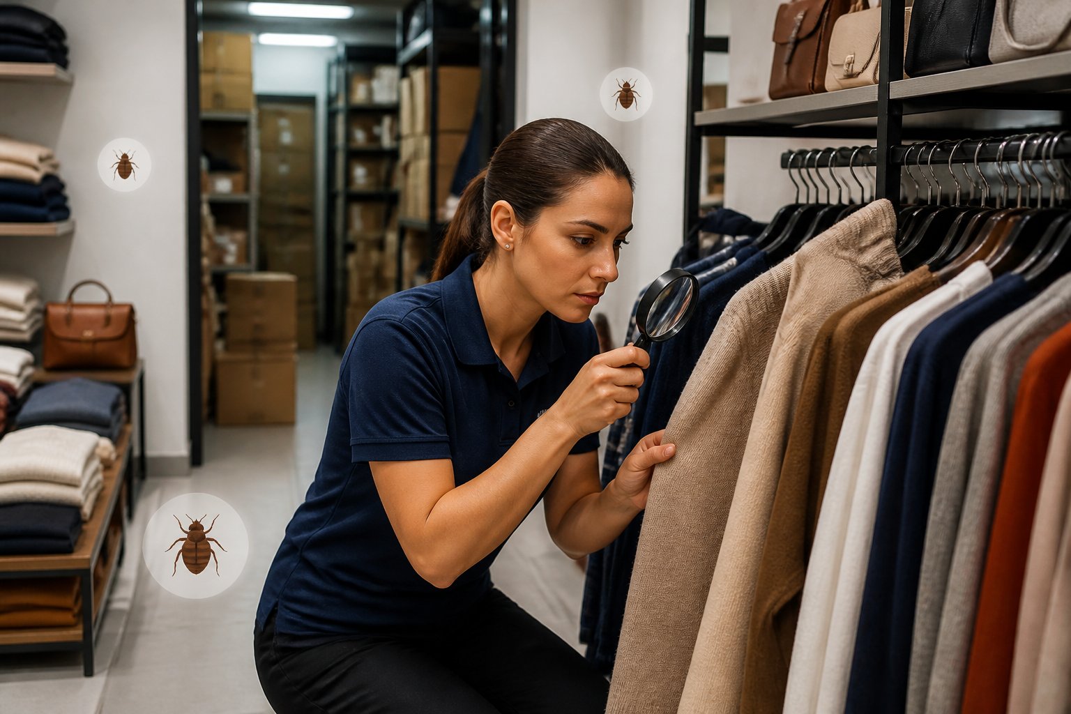 A retail store employee inspecting clothing on a rack in a store aisle, with shelves and storage boxes visible in the background.