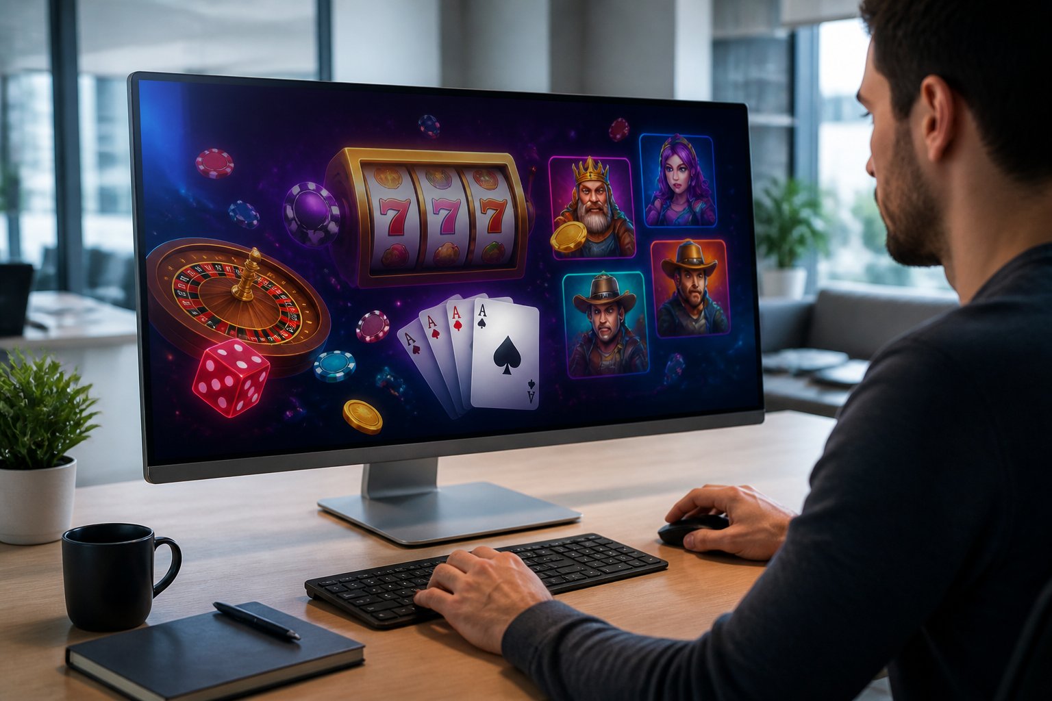 A person using a computer showing a colorful digital gaming platform interface in a modern office setting.