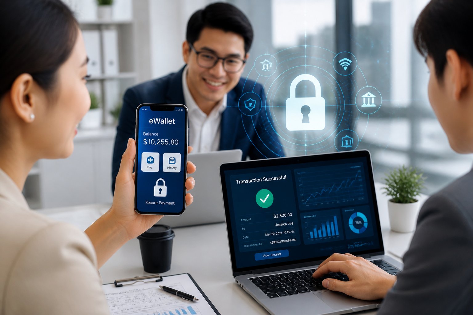 People using smartphones and laptops to make secure digital financial transactions in a modern office setting.