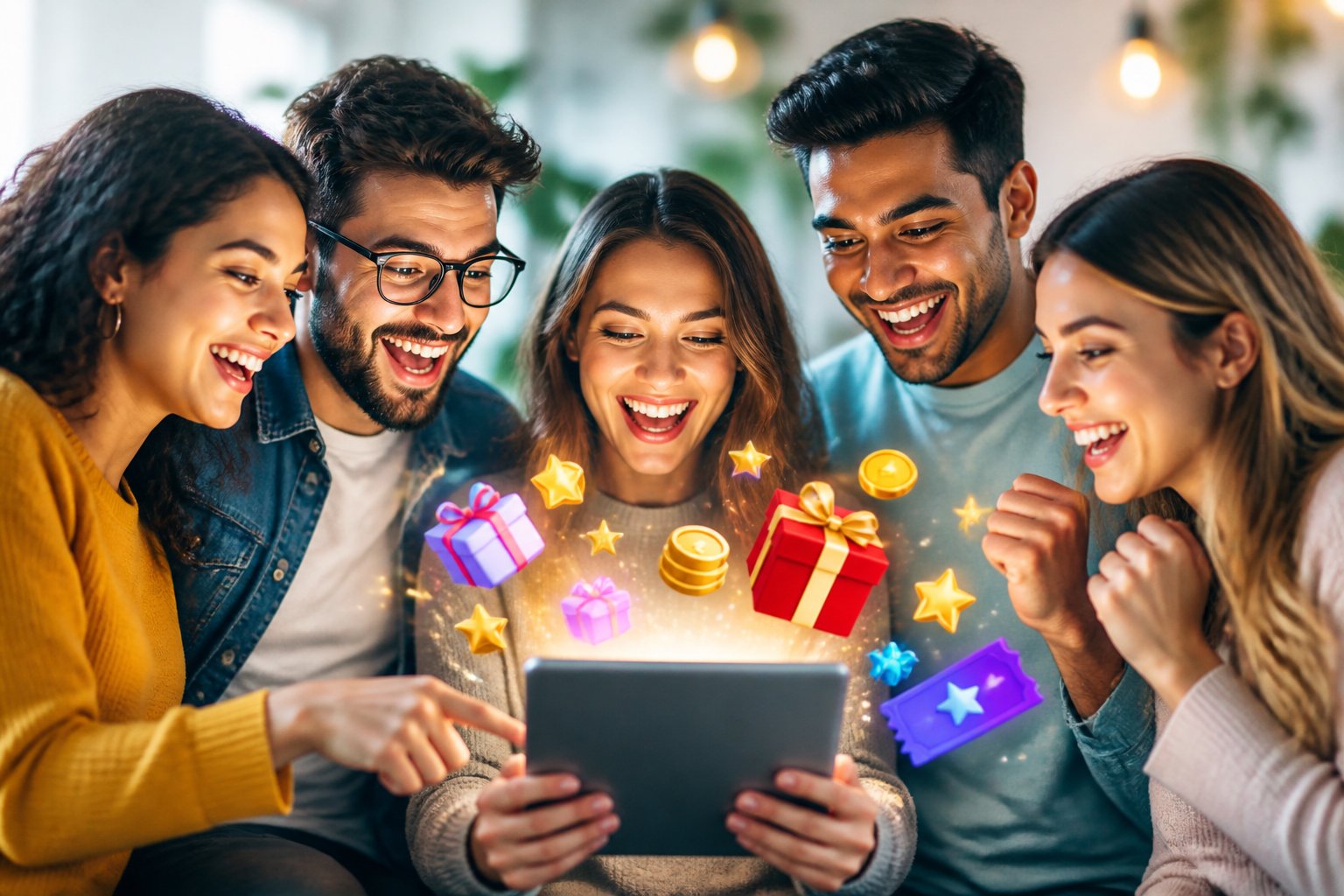A group of smiling adults gathered around a digital device showing colorful reward icons and symbols.