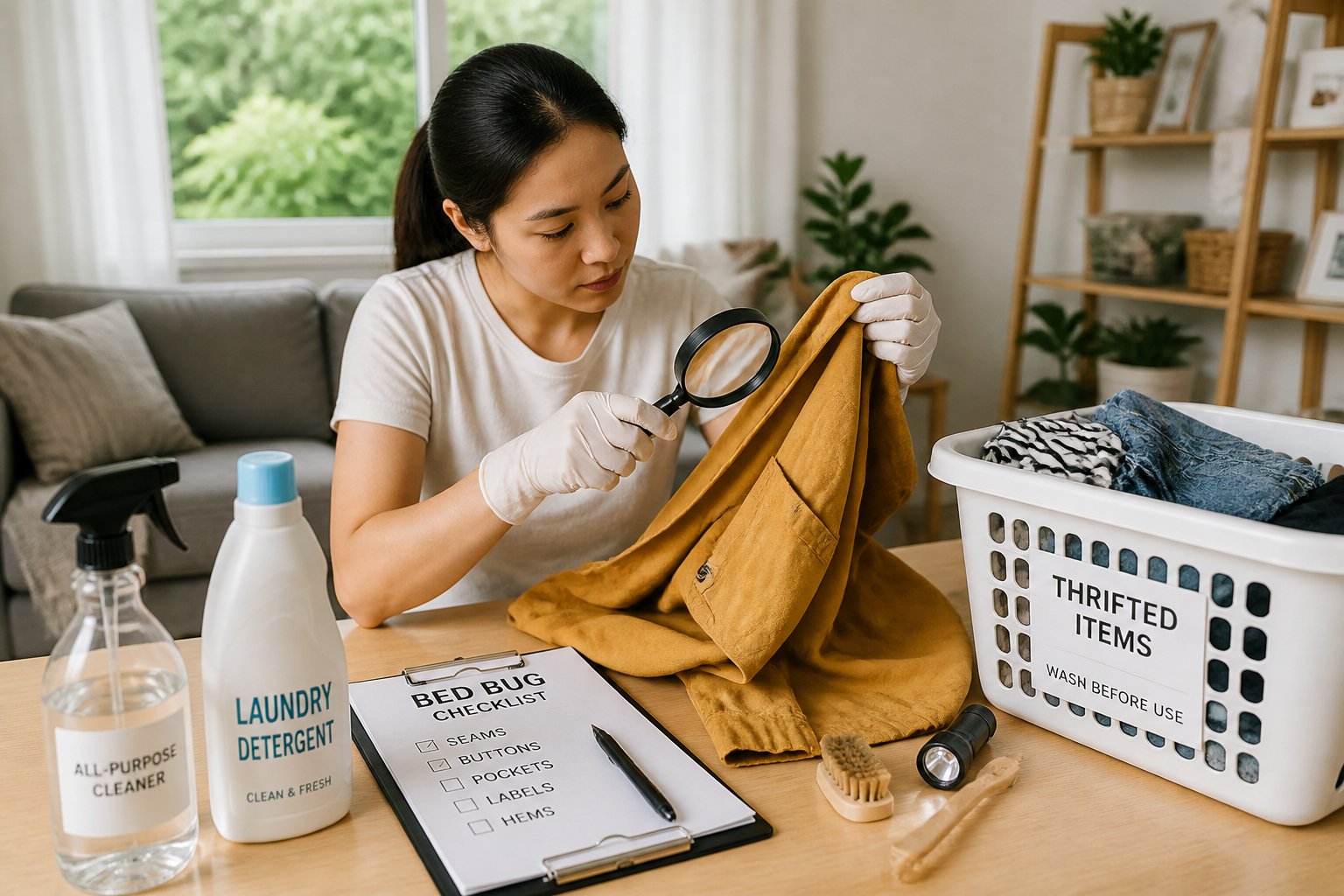 A person wearing gloves inspects a thrifted clothing item on a table with cleaning supplies nearby in a bright home setting.