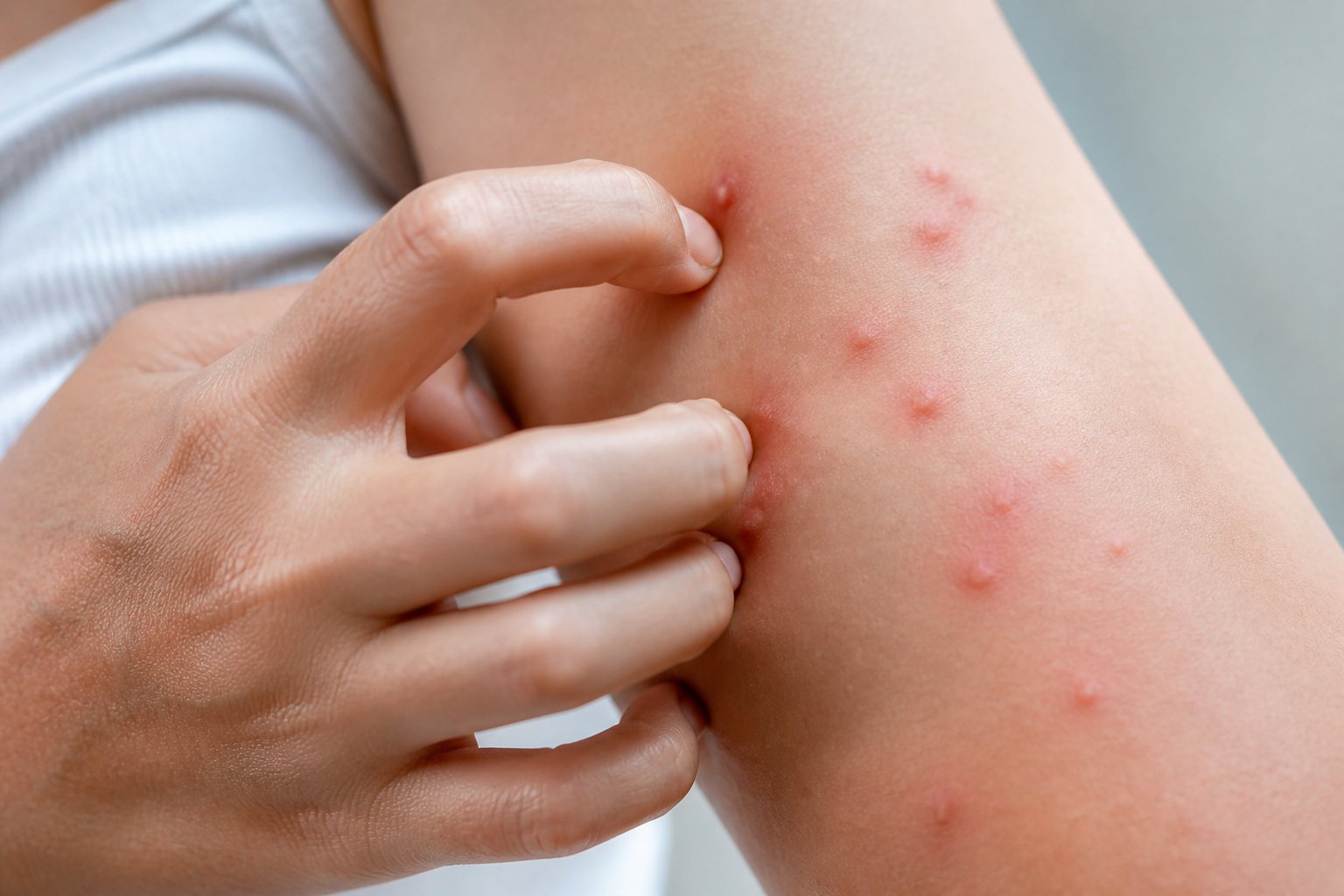 Close-up of a person's arm with red, swollen bed bug bites and the person scratching the irritated skin.