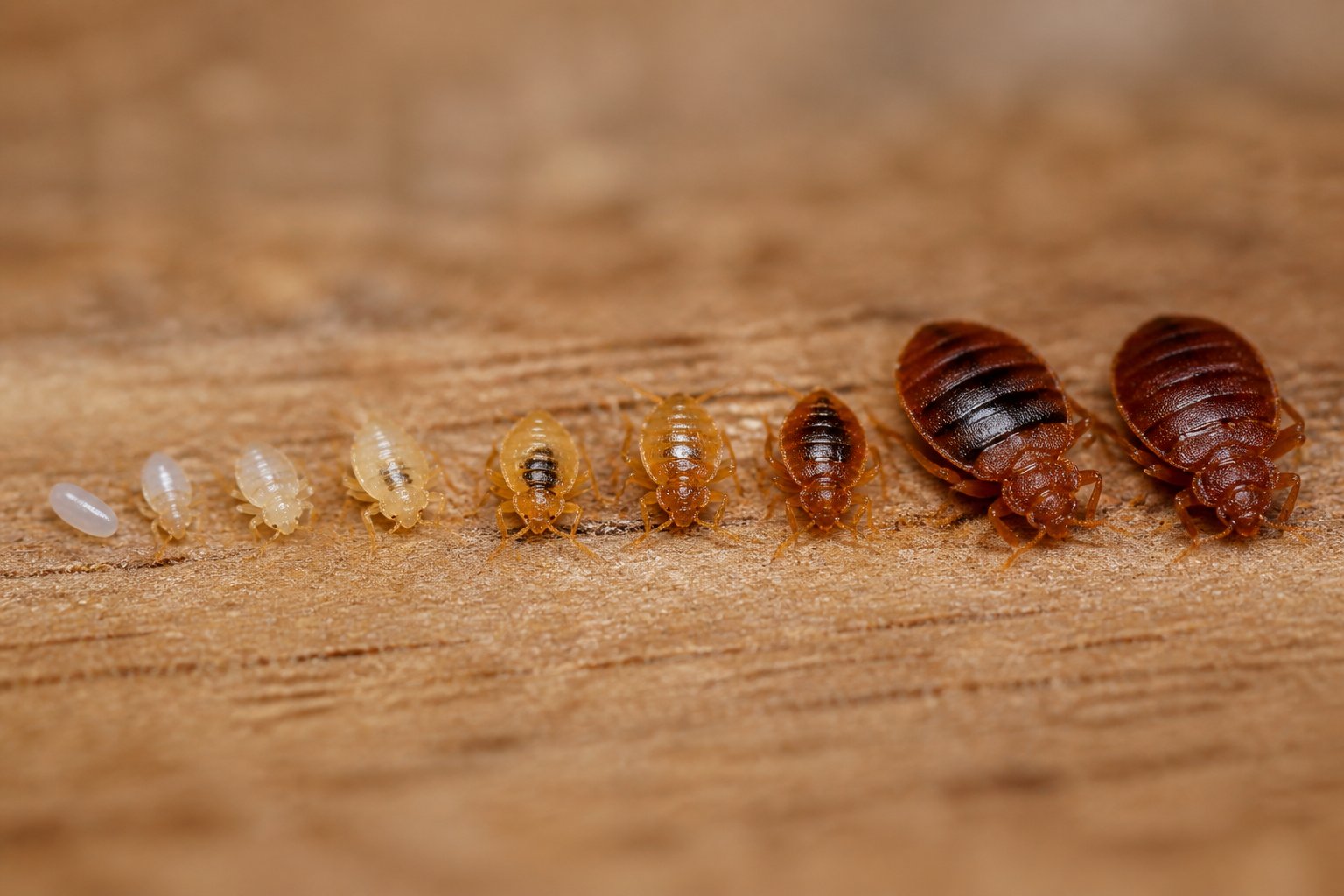 Close-up view of bed bugs at various stages of development on a textured surface.