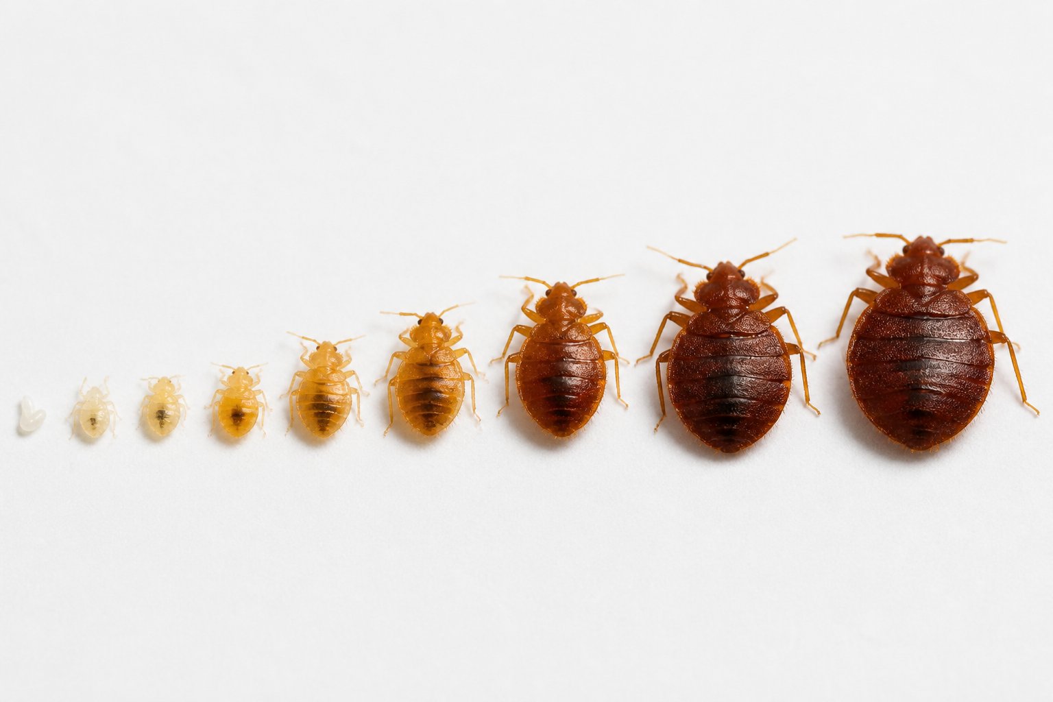 Close-up view of bed bugs in different growth stages, from small translucent nymphs to larger reddish adults, arranged on a light surface.