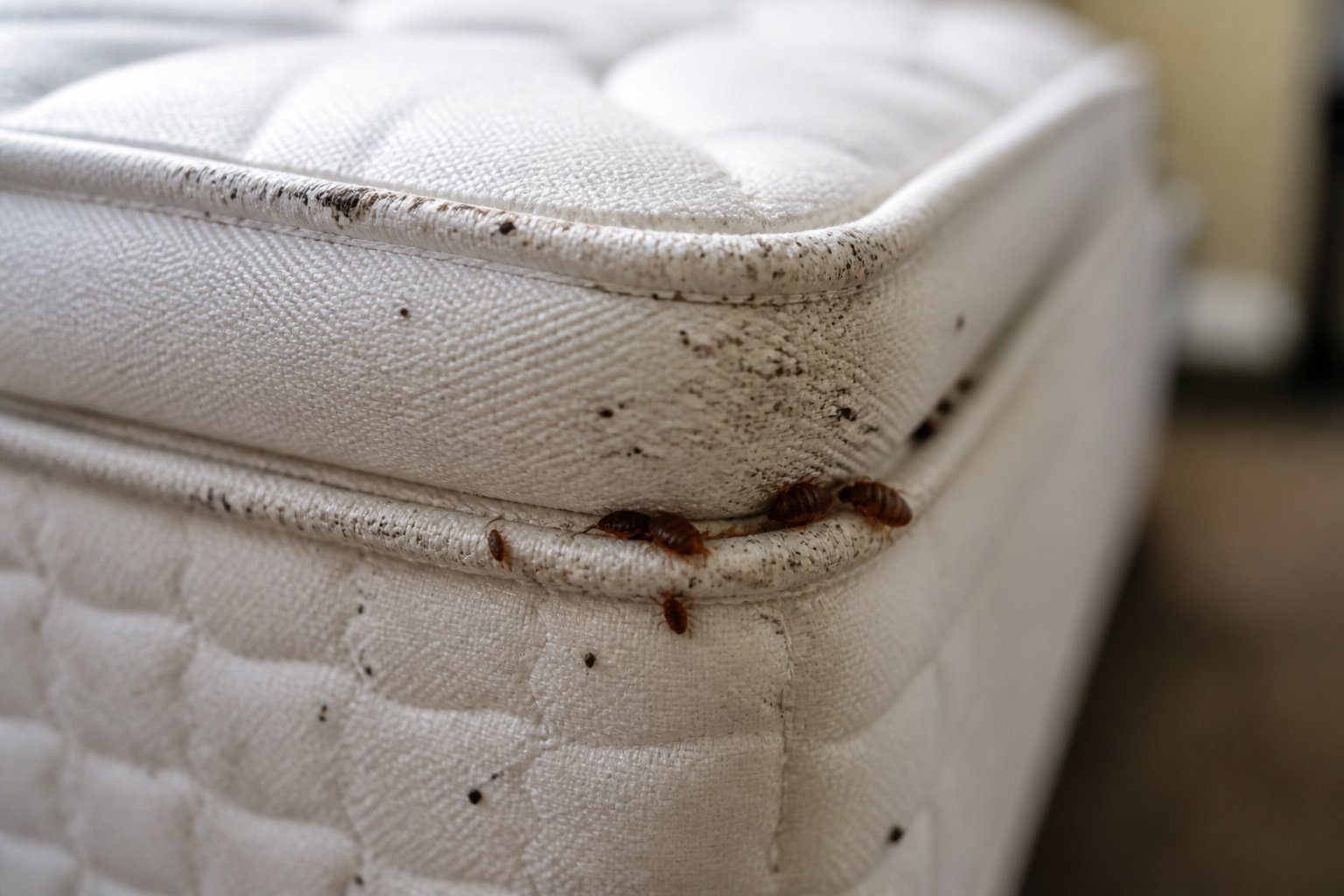 Close-up of a mattress corner showing small bed bugs near the seams and tiny dark spots indicating infestation.