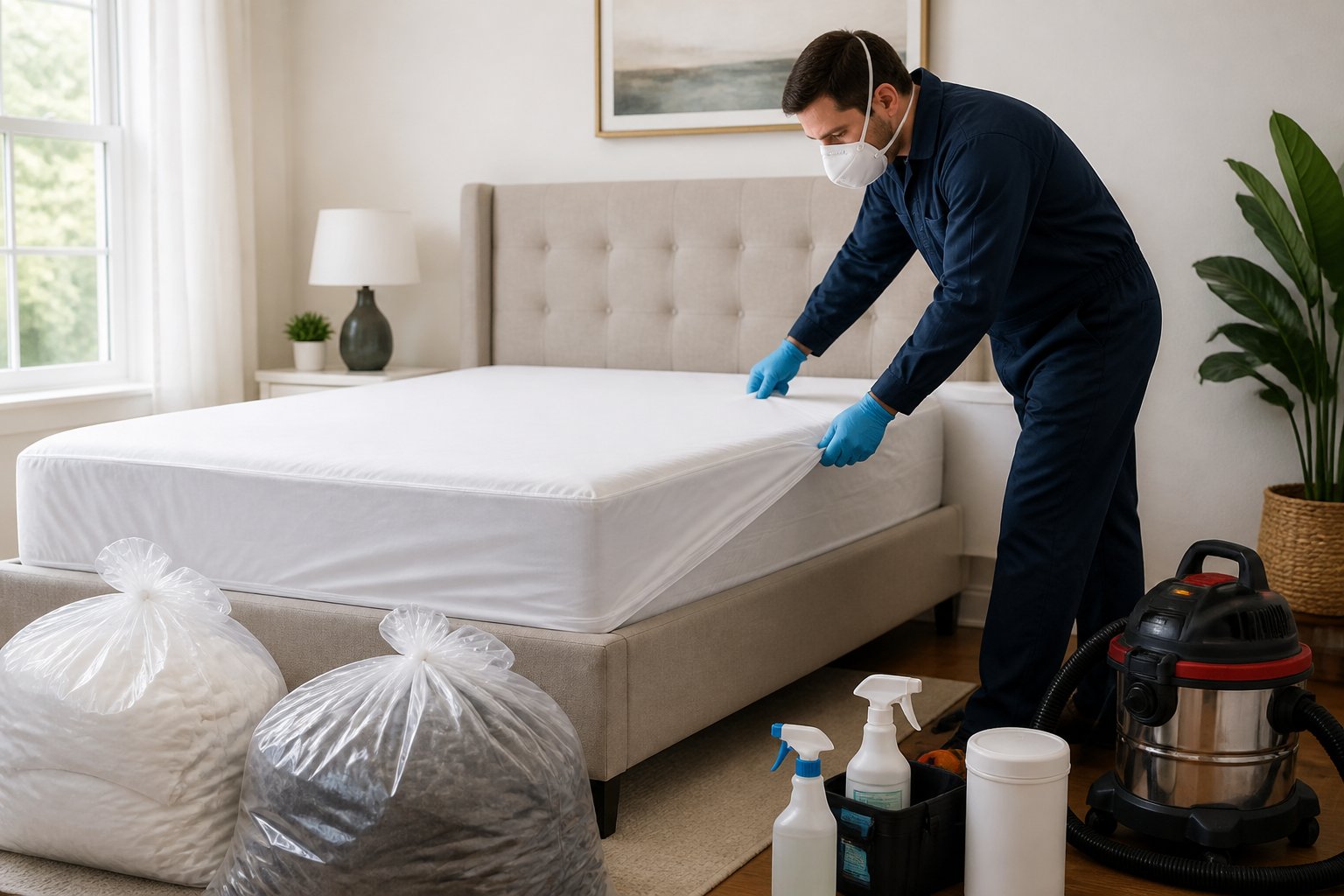 A person wearing gloves and a mask sealing a mattress in a clean bedroom with cleaning supplies nearby.
