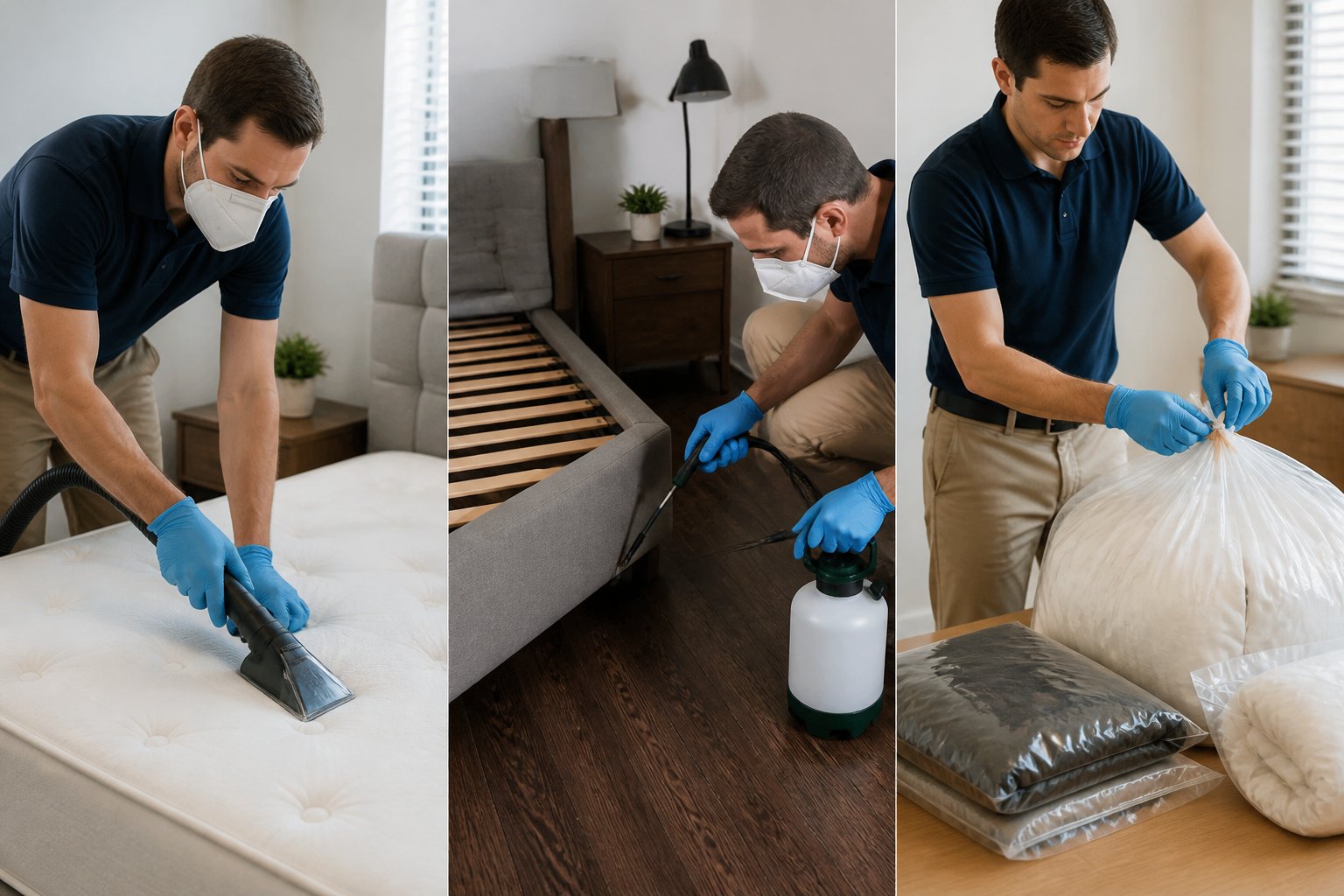 People treating a bedroom for bed bugs by vacuuming, spraying insecticide, and sealing items in plastic bags.