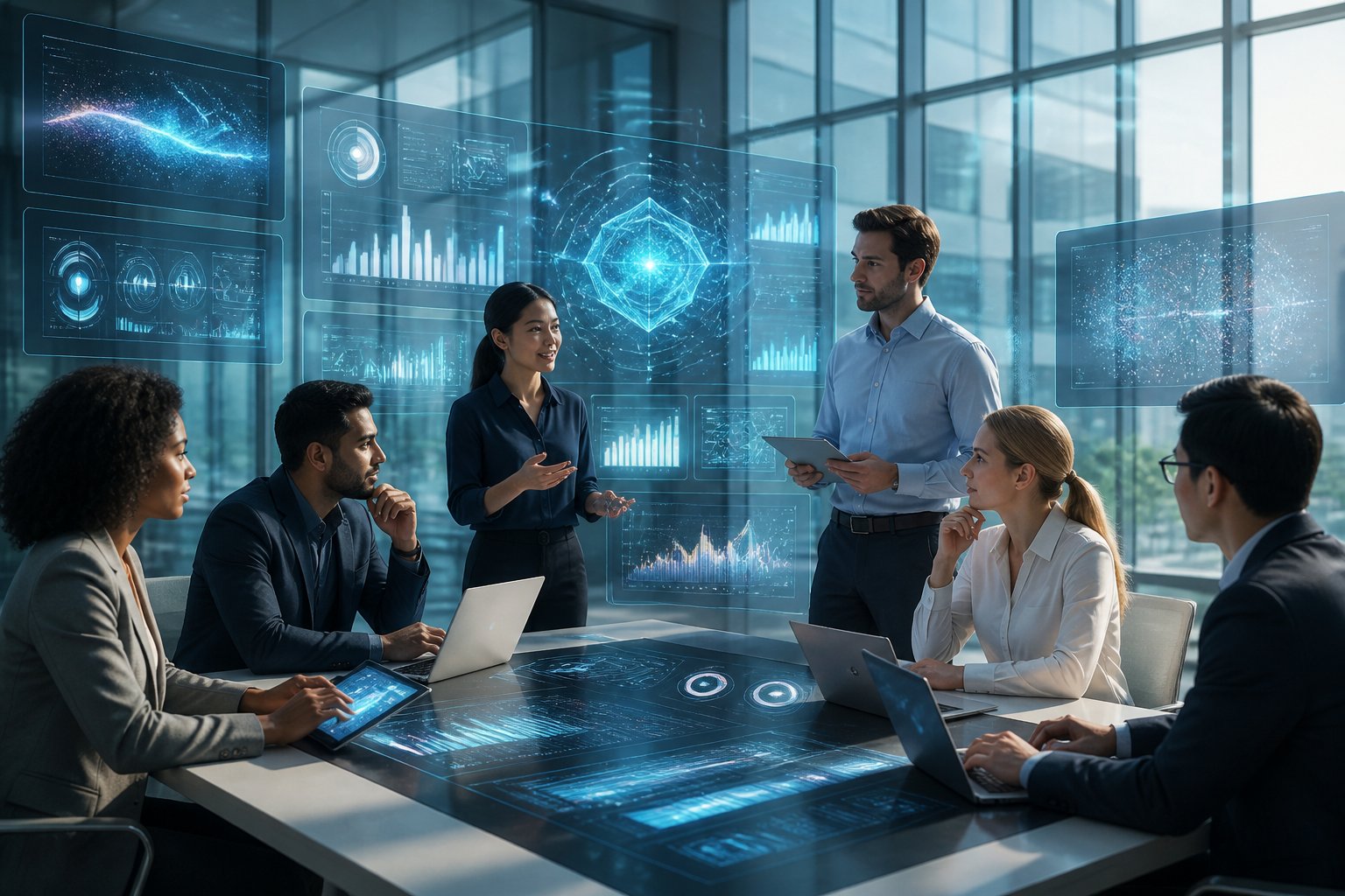 A group of business professionals collaborating around a table with floating digital screens showing charts and data in a bright office.