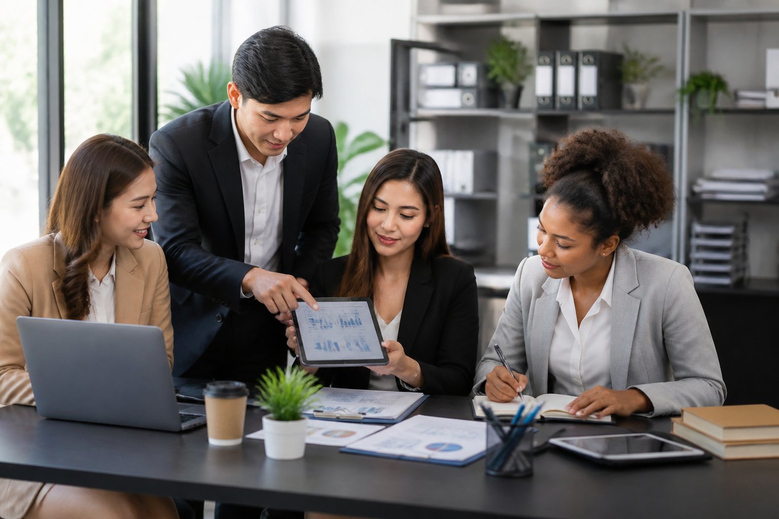A group of business professionals working together around a desk with laptops and tablets in a bright office.