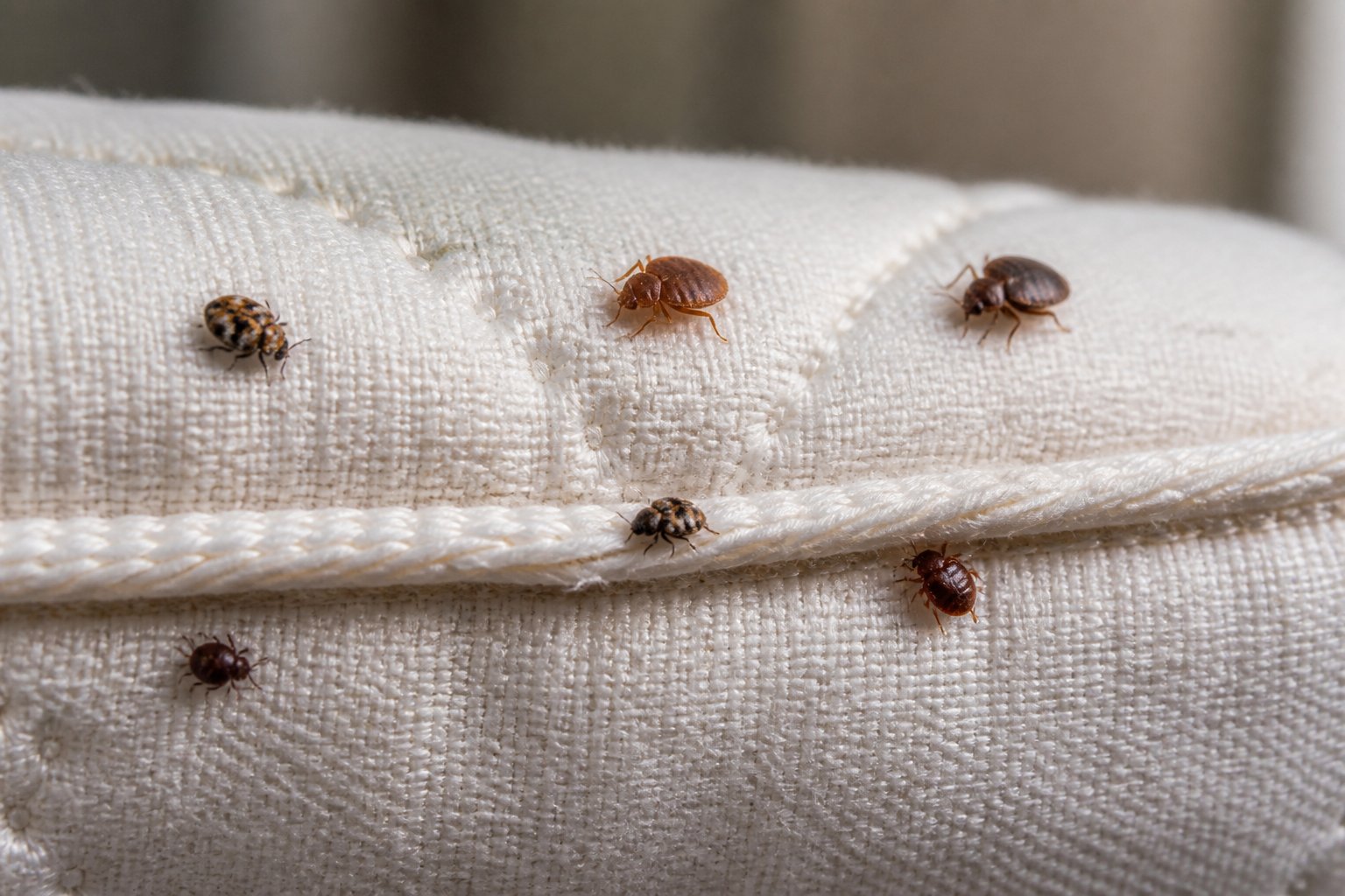 Close-up view of a mattress surface with several small insects commonly mistaken for bed bugs.