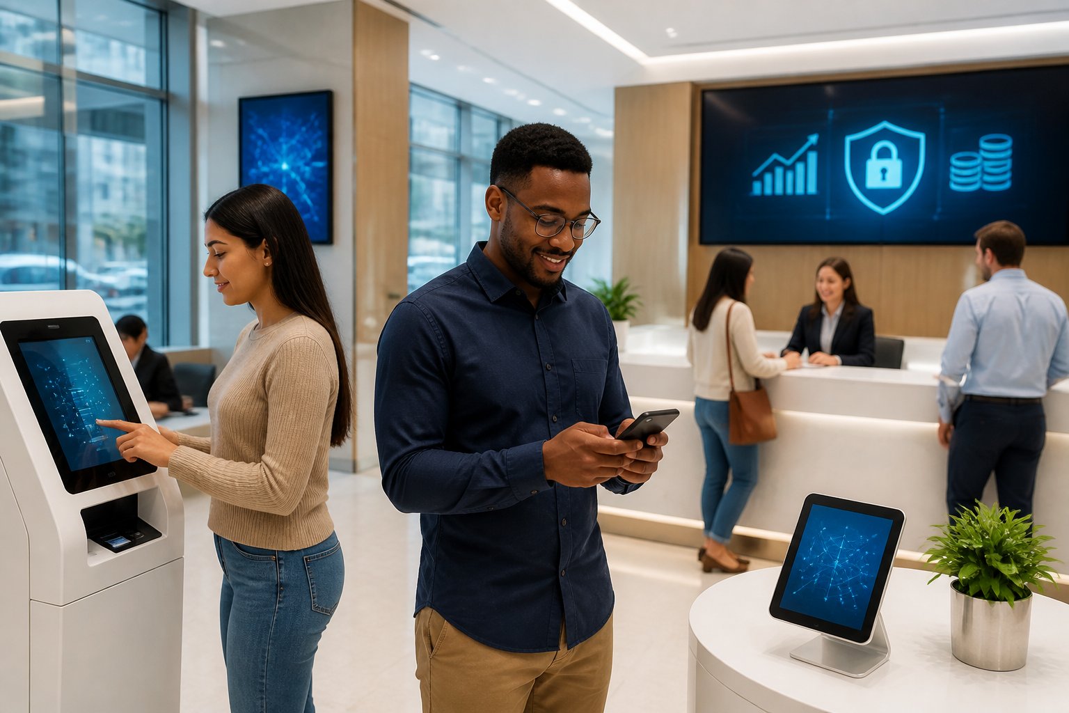 People using digital banking devices and interacting with bank staff in a modern bank setting focused on deposit and withdrawal services.