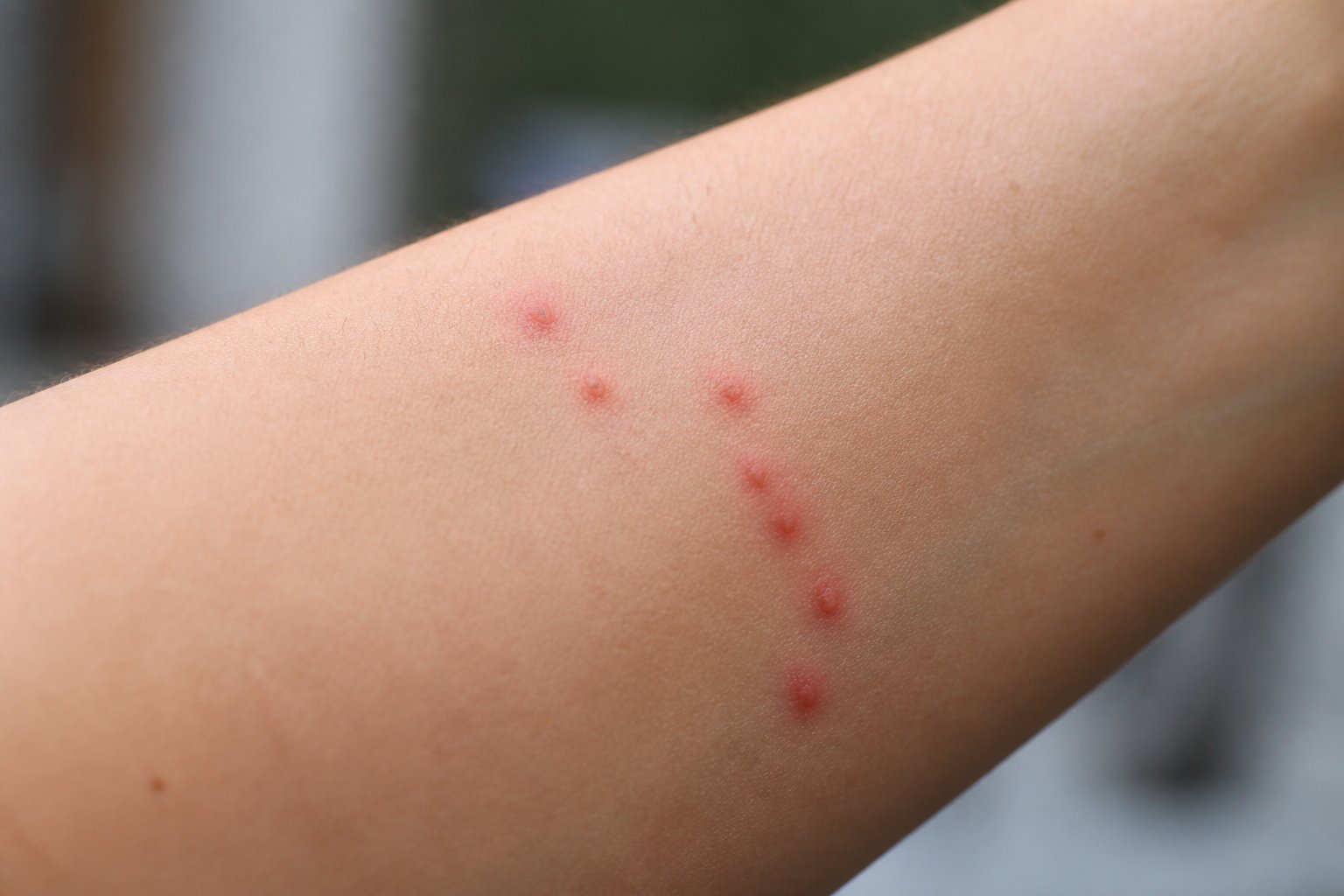 Close-up of a forearm showing several small red bite marks on the skin.