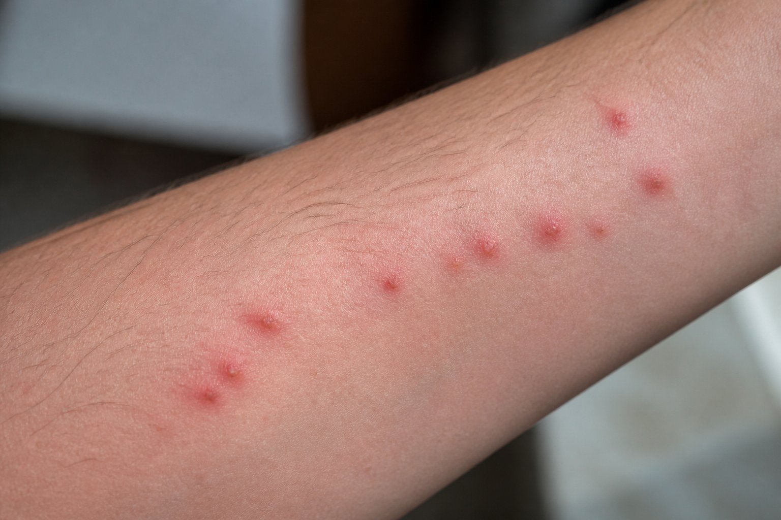 Close-up of a forearm showing several small red bed bug bites arranged in a line.