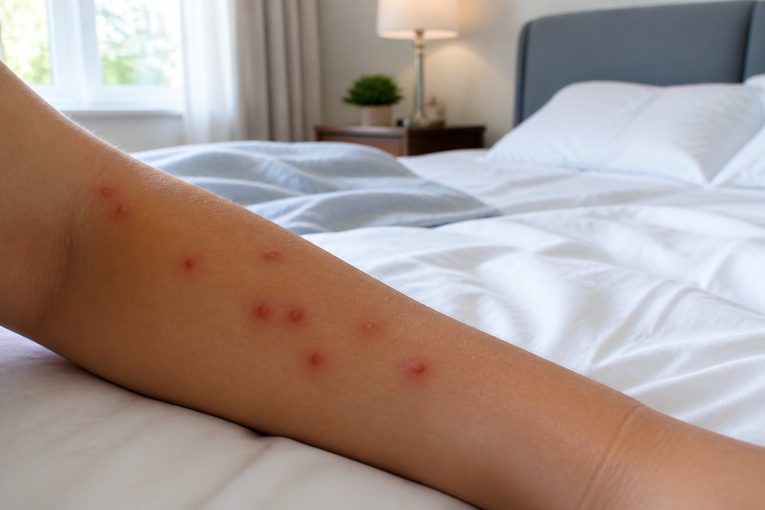 Close-up of a person's arm resting on a bed, showing small red bug bites, in a tidy bedroom setting.