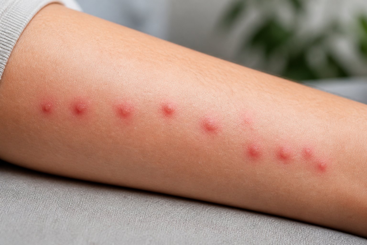 Close-up of a forearm with several red, raised bed bug bites arranged in a line.