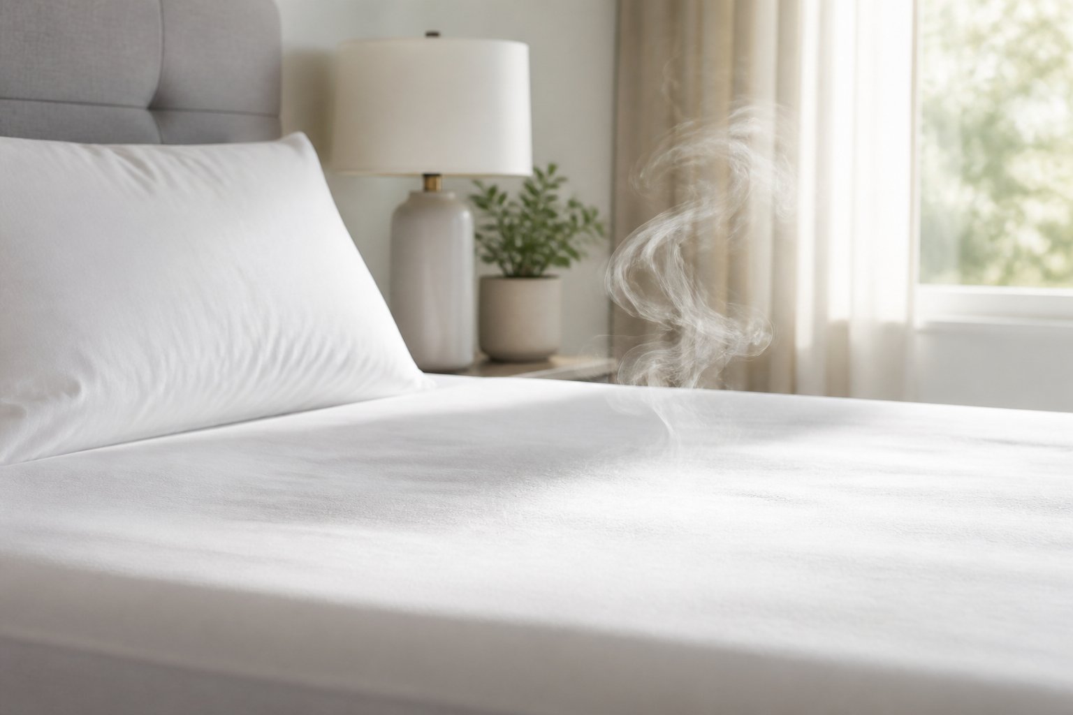 A clean bedroom with a neatly made bed and a faint mist rising above the mattress symbolizing an odor.