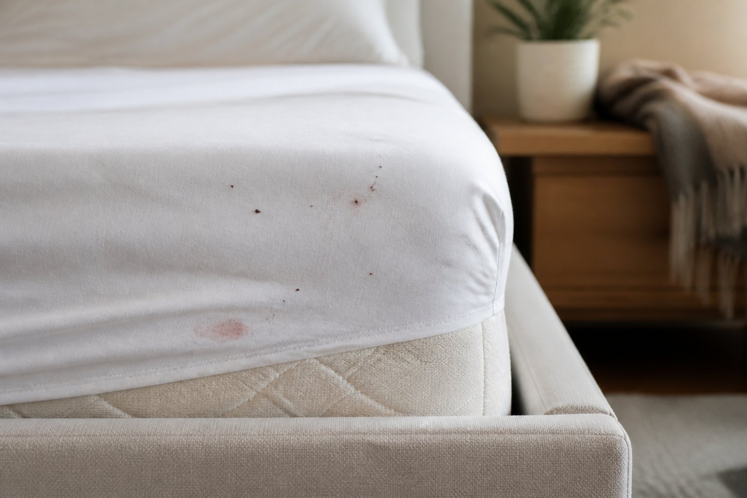 Close-up of a bedroom mattress corner with small dark spots and faint stains on white sheets, with a bedside table and plant blurred in the background.