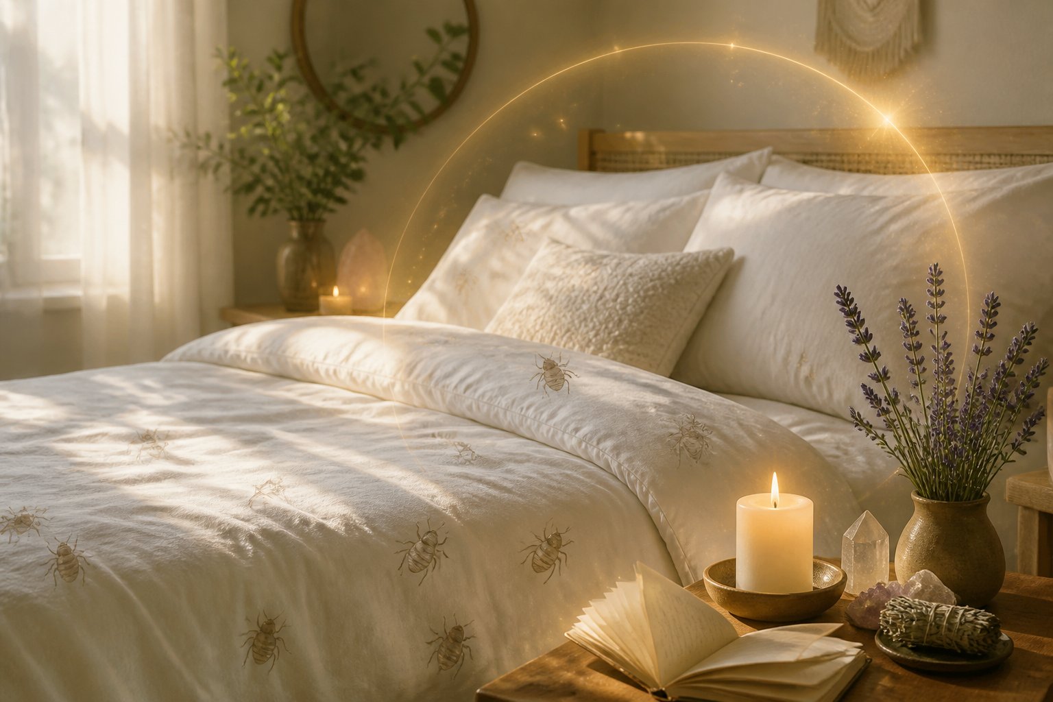 A peaceful bedroom scene with a neatly made bed, soft natural light, a lit candle, an open book, and subtle symbolic elements suggesting spiritual reflection.