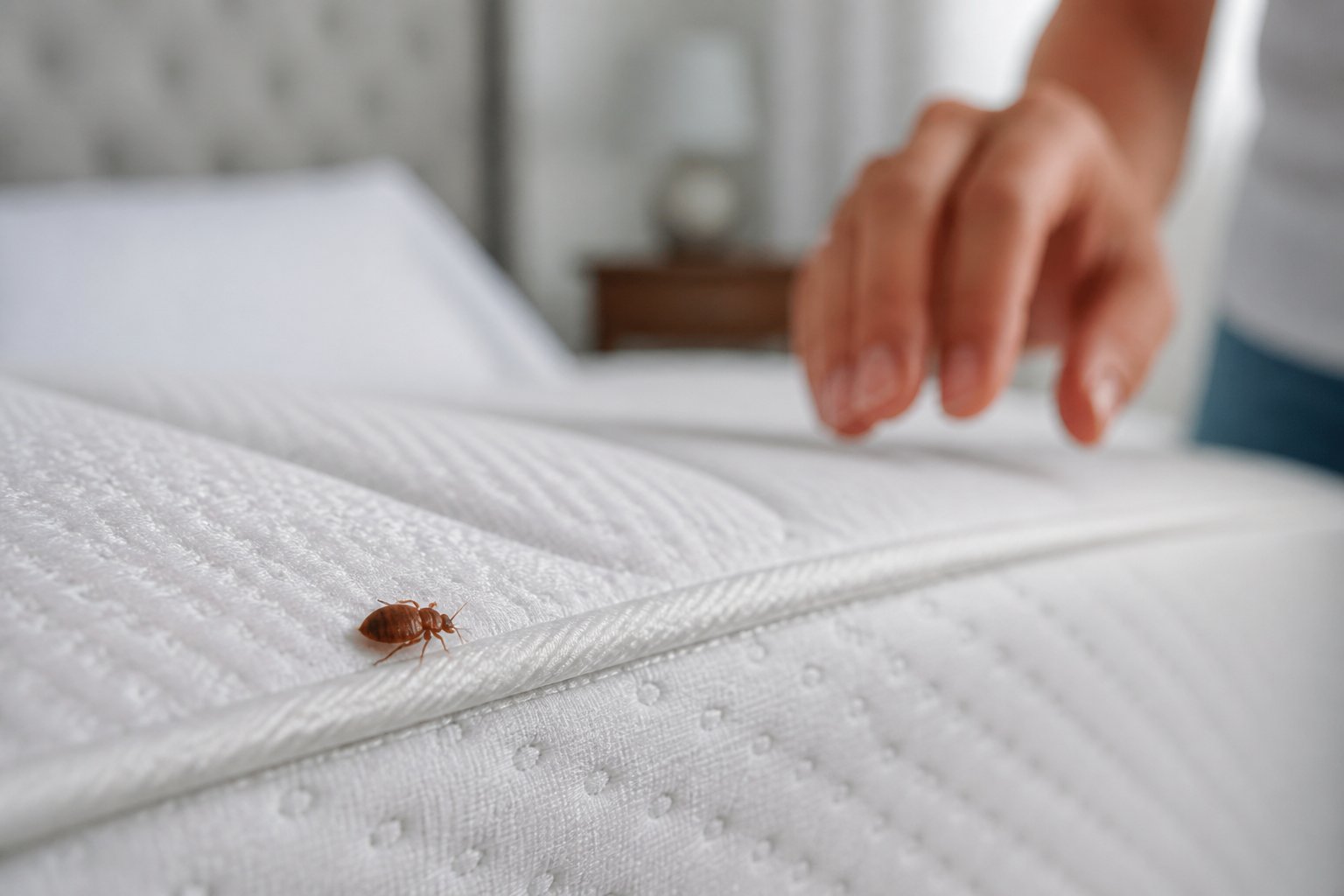 Close-up of a bed bug on a mattress seam with a human hand reaching towards the bed in a bedroom setting.