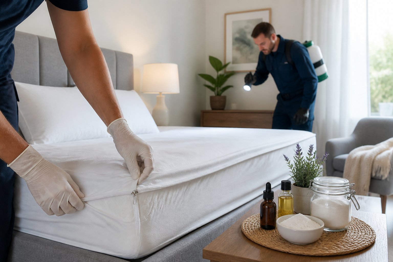 A person putting a protective cover on a mattress with natural repellents nearby and a pest control expert inspecting a bedroom.