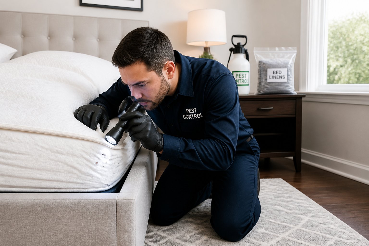 Person inspecting a mattress with a flashlight in a bright bedroom, checking for signs of bed bugs.