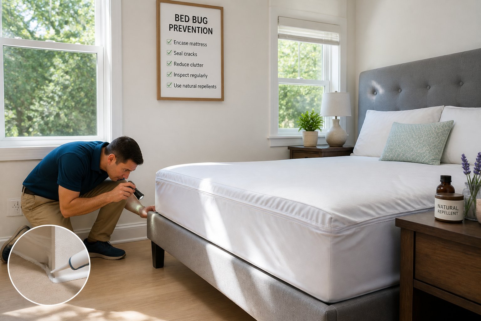 A person inspecting a bed in a clean bedroom with protective mattress cover and sealed windows to prevent bed bugs.