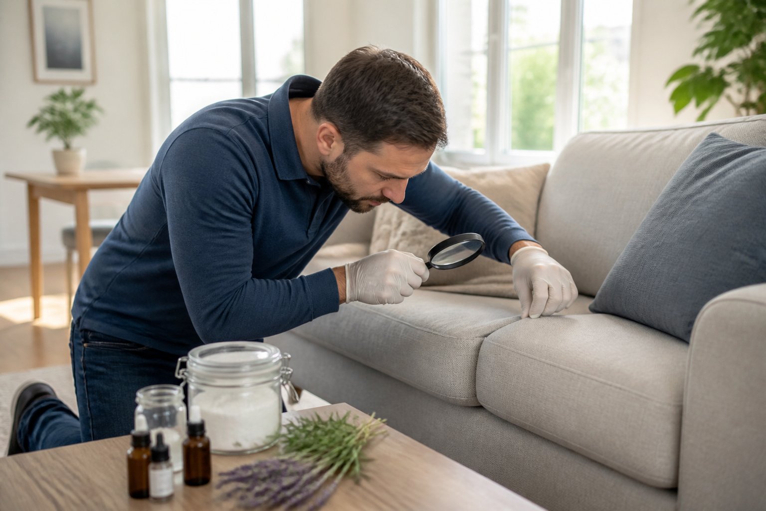 Person inspecting a sofa with a magnifying glass in a bright living room, surrounded by natural preventive items.