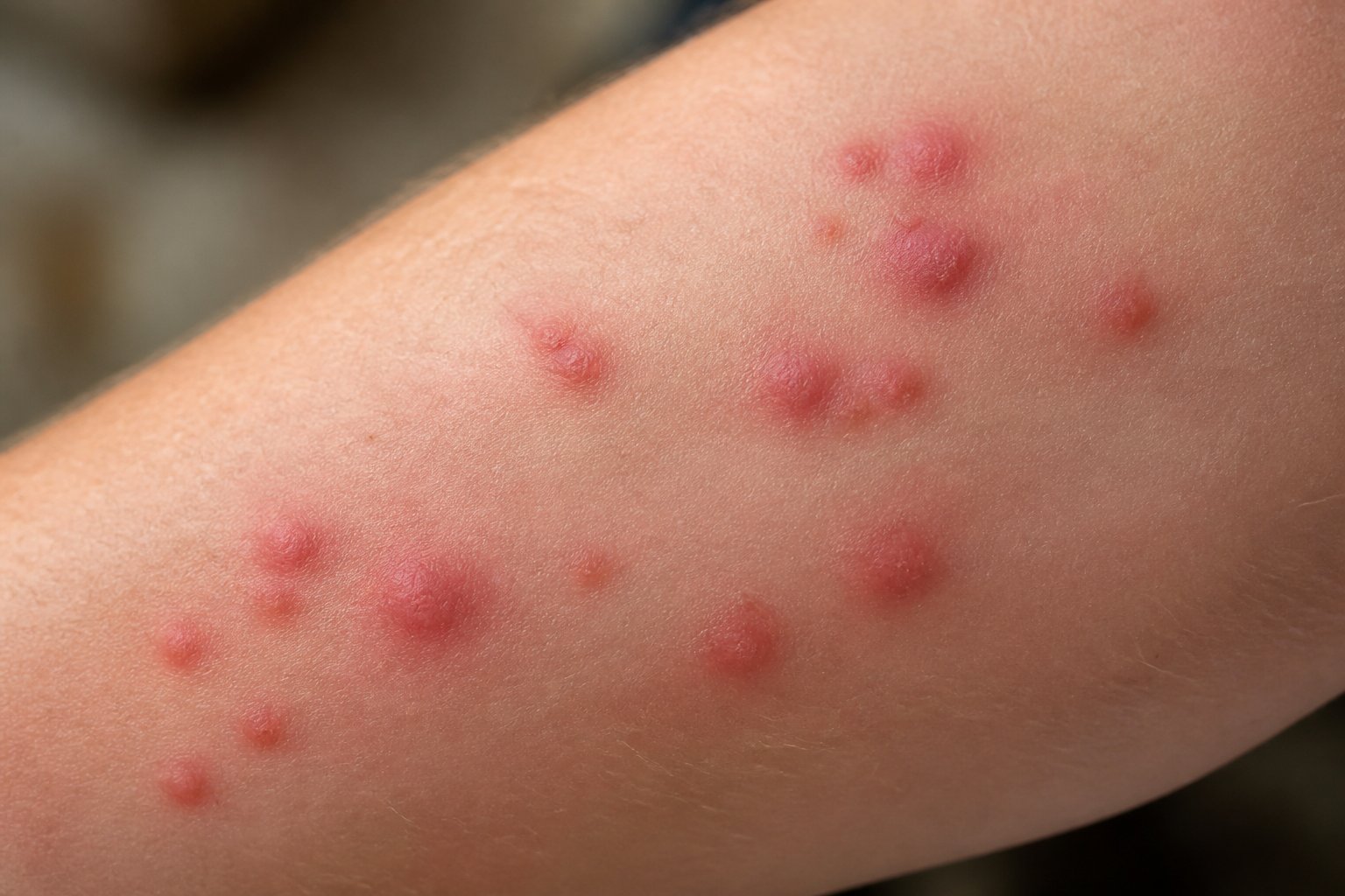 Close-up of human skin with several red, swollen bed bug bites clustered together.
