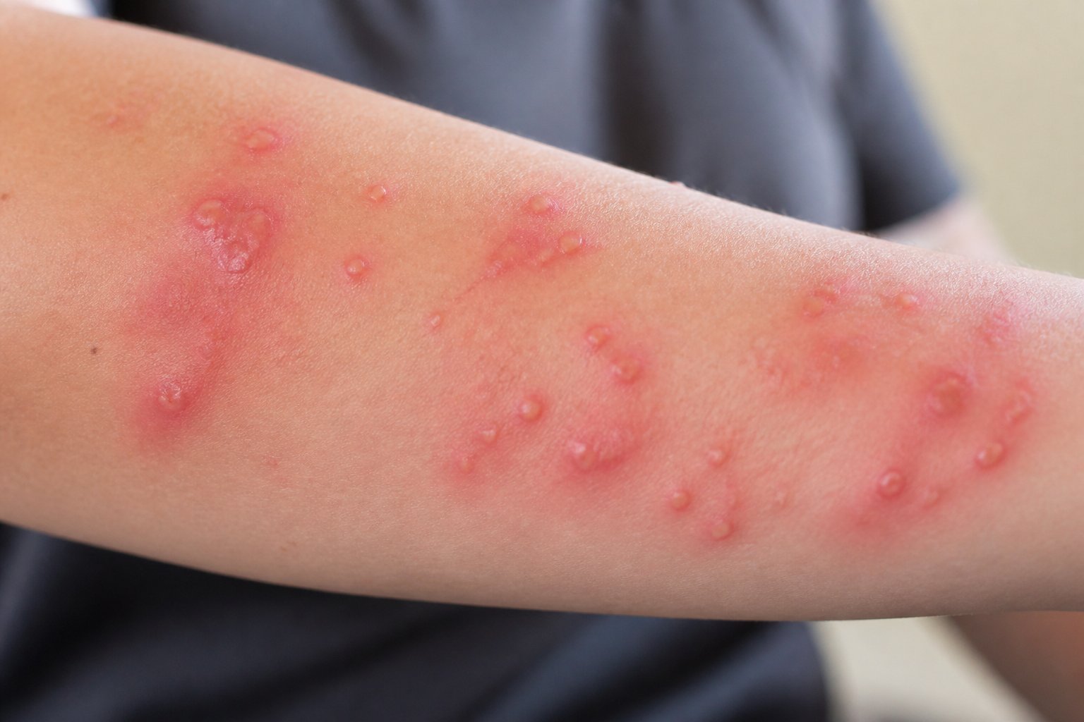 Close-up of an arm with red, swollen bed bug bite marks showing inflammation and irritation.