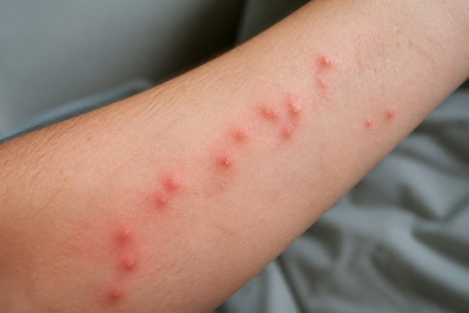 Close-up of human skin showing red, inflamed bite marks from bed bugs.