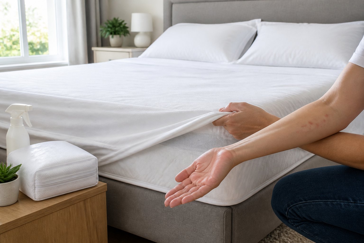 A person inspecting a neatly made bed with visible red bite marks on their arm, with pest control items on a bedside table in a bright bedroom.