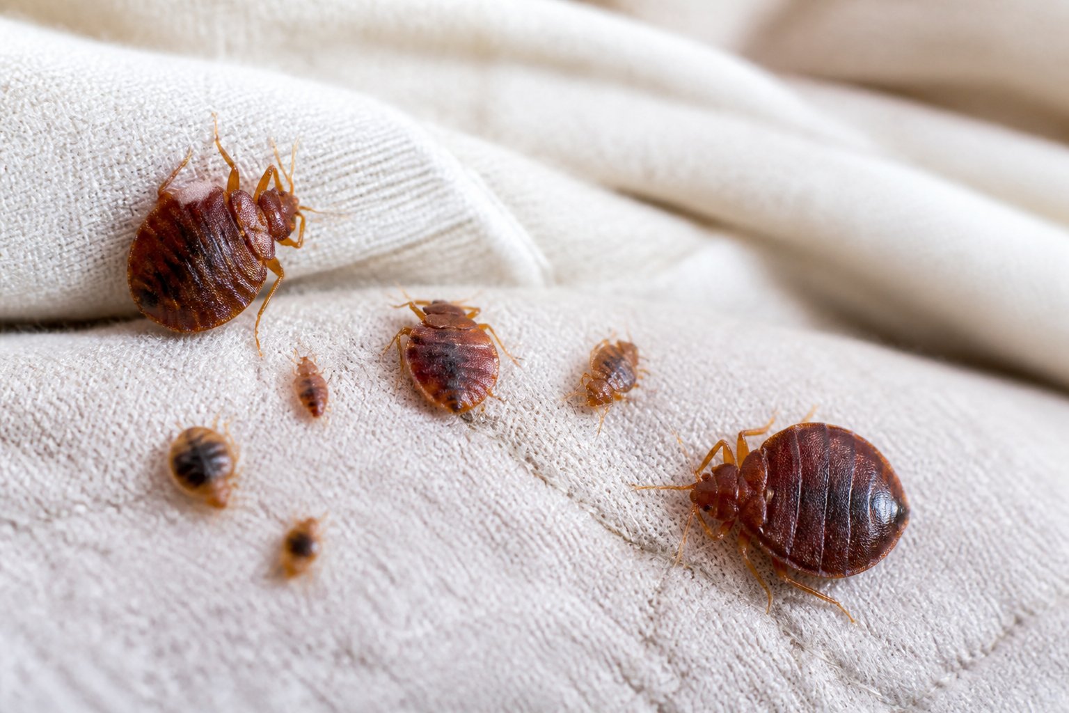 Close-up view of several bed bugs on a light-colored fabric surface.