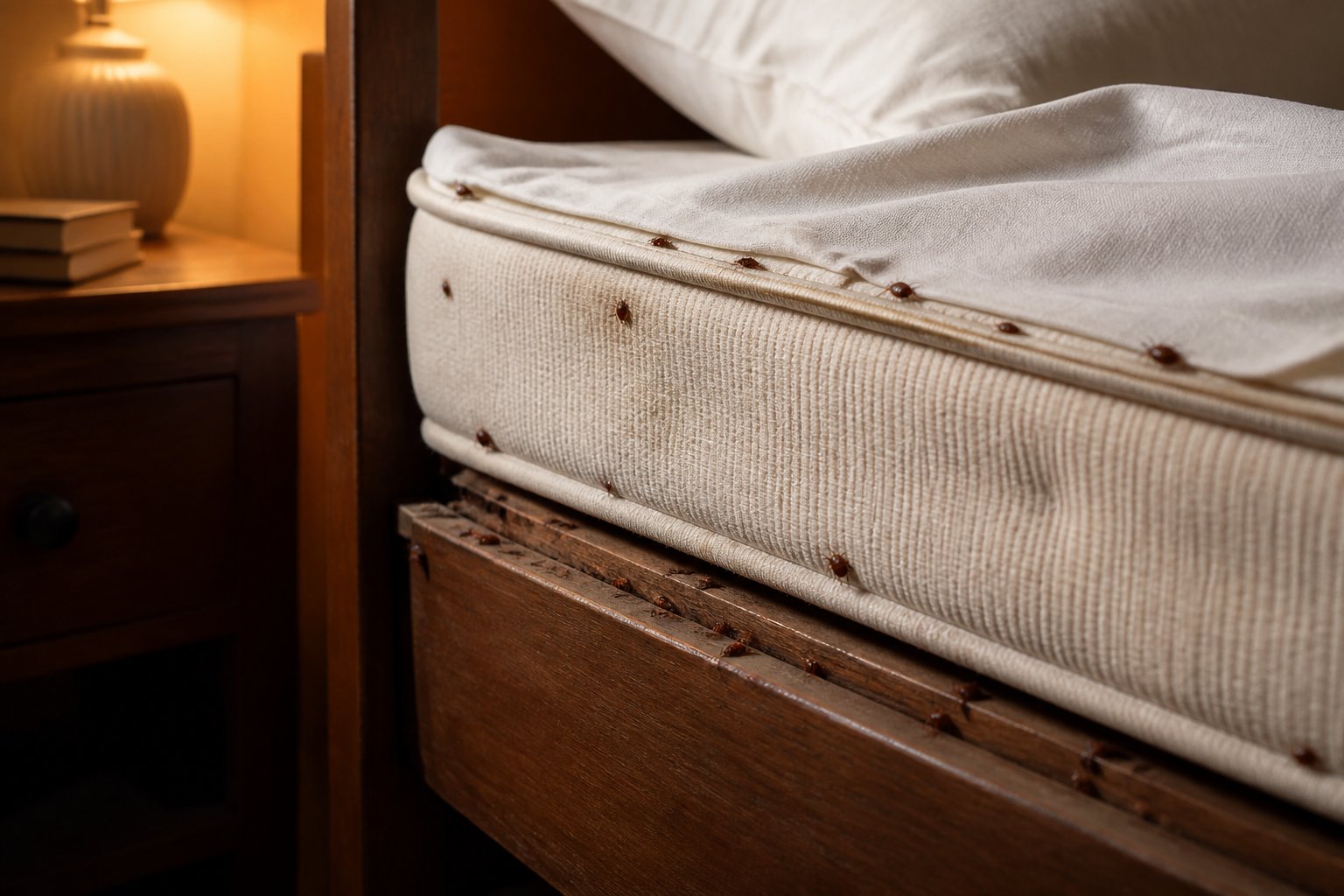 Close-up view of a bed mattress seam and bed frame crevices showing small reddish-brown bed bugs in a bedroom setting.