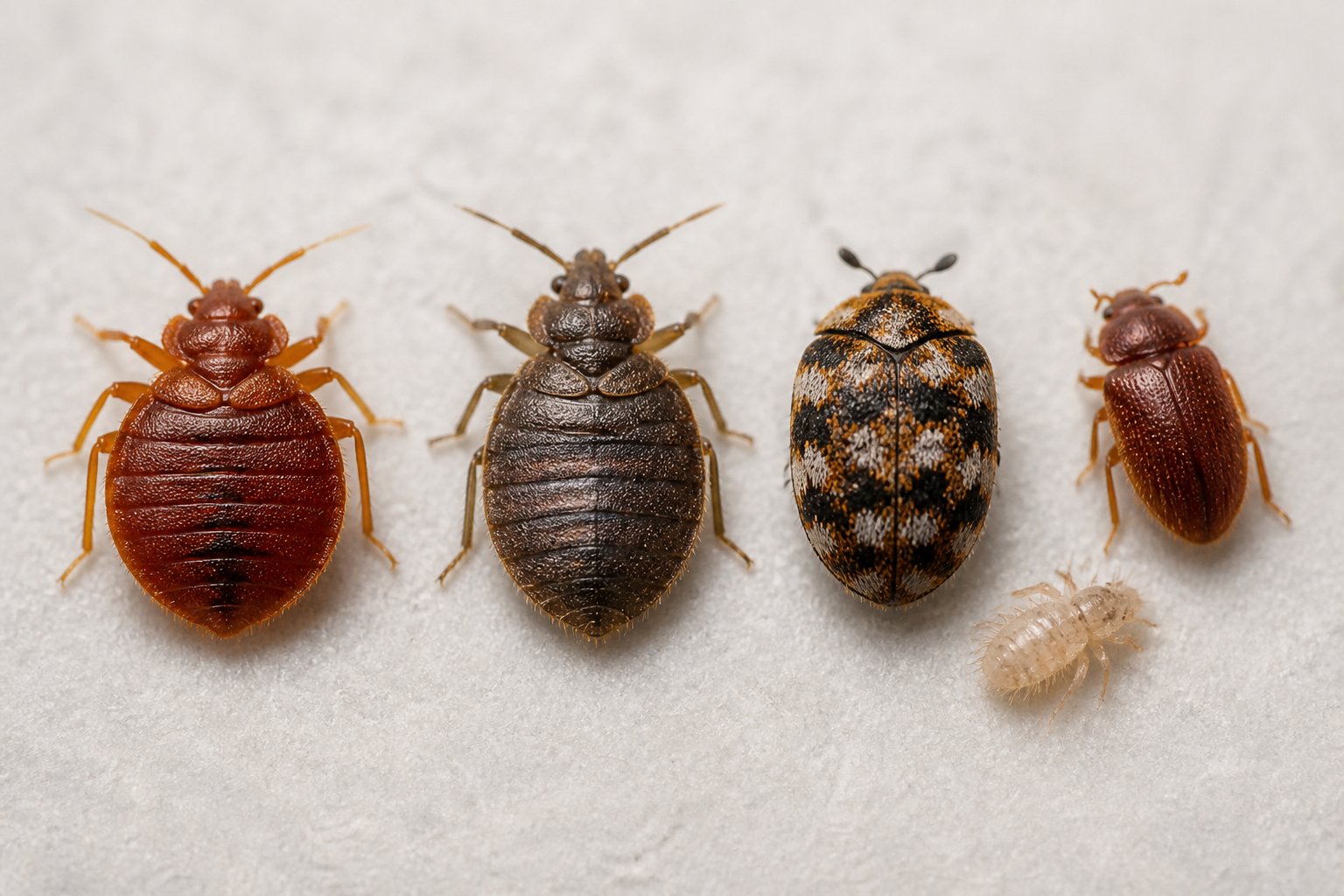Close-up view of a bed bug next to similar small insects on a neutral background for comparison.
