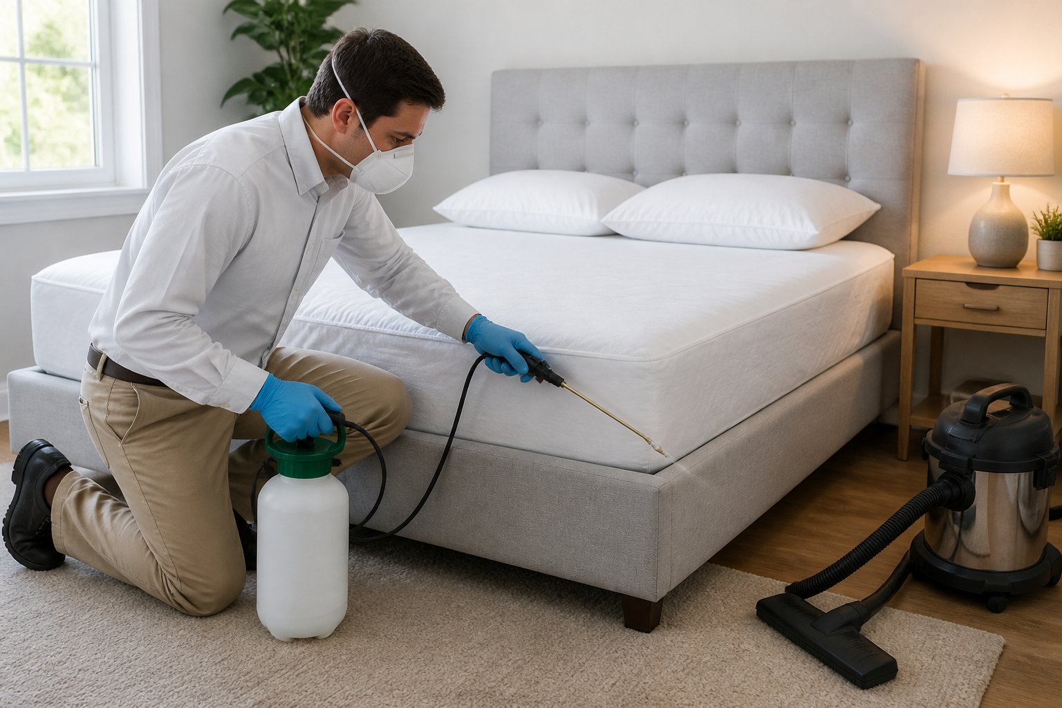 Person wearing gloves and mask spraying insecticide around a bed in a clean bedroom to treat bed bugs.