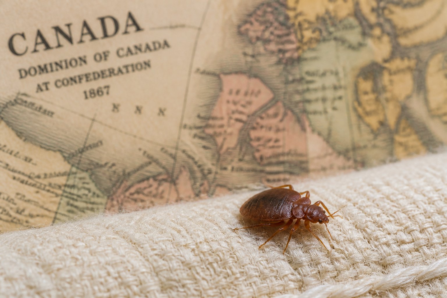 Close-up of a bed bug on fabric with a blurred vintage map of Canada in the background.